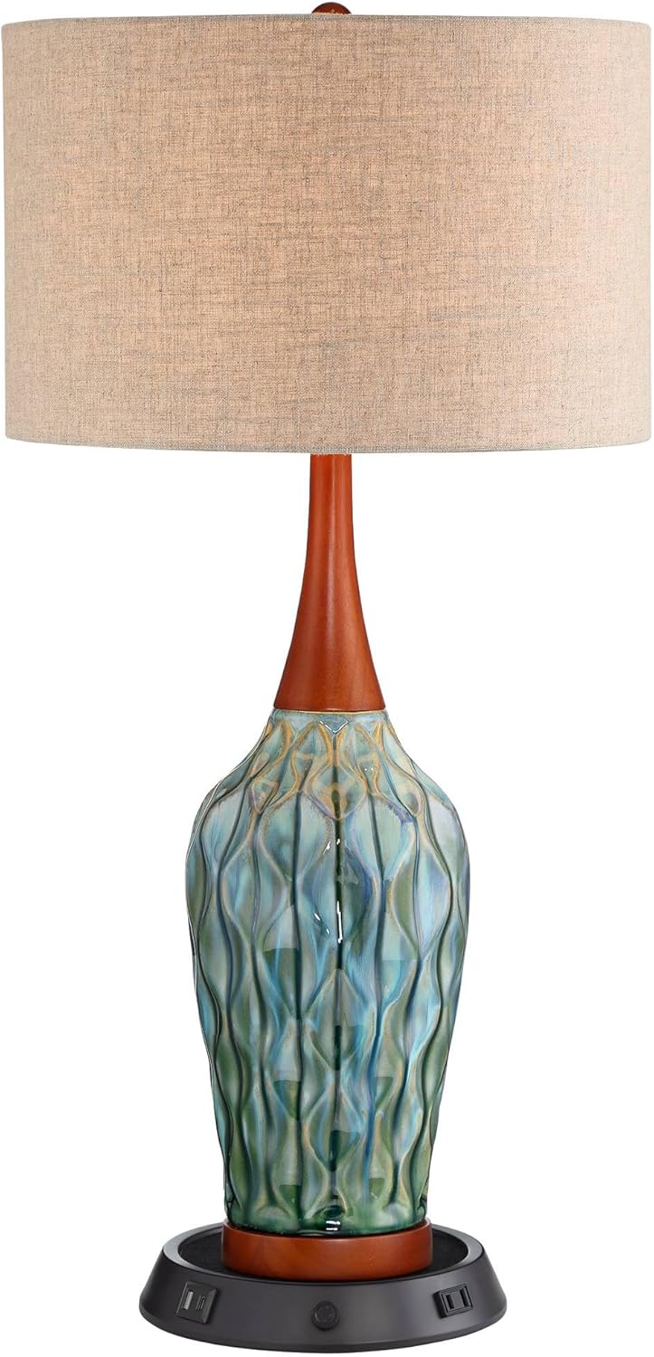360 Lighting Rocco Mid Century Modern Table Lamp with Dimmable USB Workstation Charging Base 30" Tall Blue Teal Ceramic Cherry Wood Linen Drum Shade for Cottage Core Living Room (Colors May Vary)