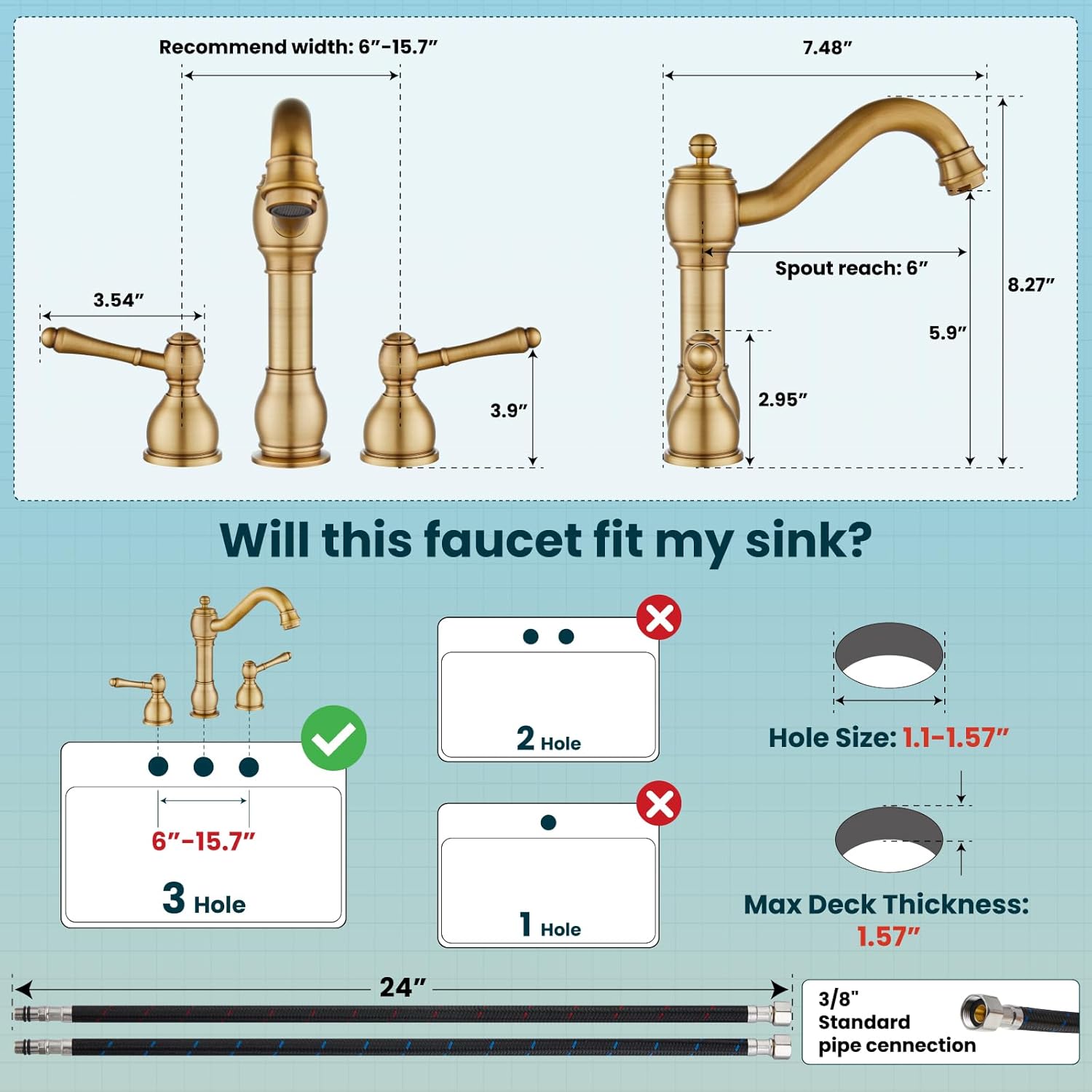 gotonovo 8 Inch Widespread Bathroom Faucets for Sink 3 Hole 2 Lever Handle Deck Mount with Pop Up Drain Hot and Cold Water Supply Lines Antique Brass