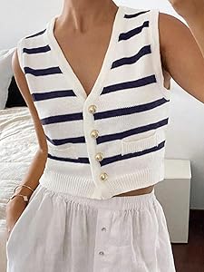 Chaleco sin mangas de punto con cuello en V y botones a rayas para mujer para viajes de moda en primavera y verano, Mixto, M