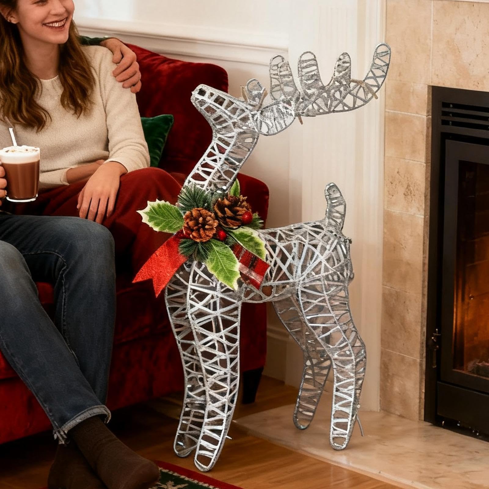 Décorations De Noël En Forme De Renne Métal Festif Lumineux | Figurine de Table pour les Fêtes Pour Festival Familial Salon Extérieur Intérieur Maison Entrée Manteau De Cheminée De