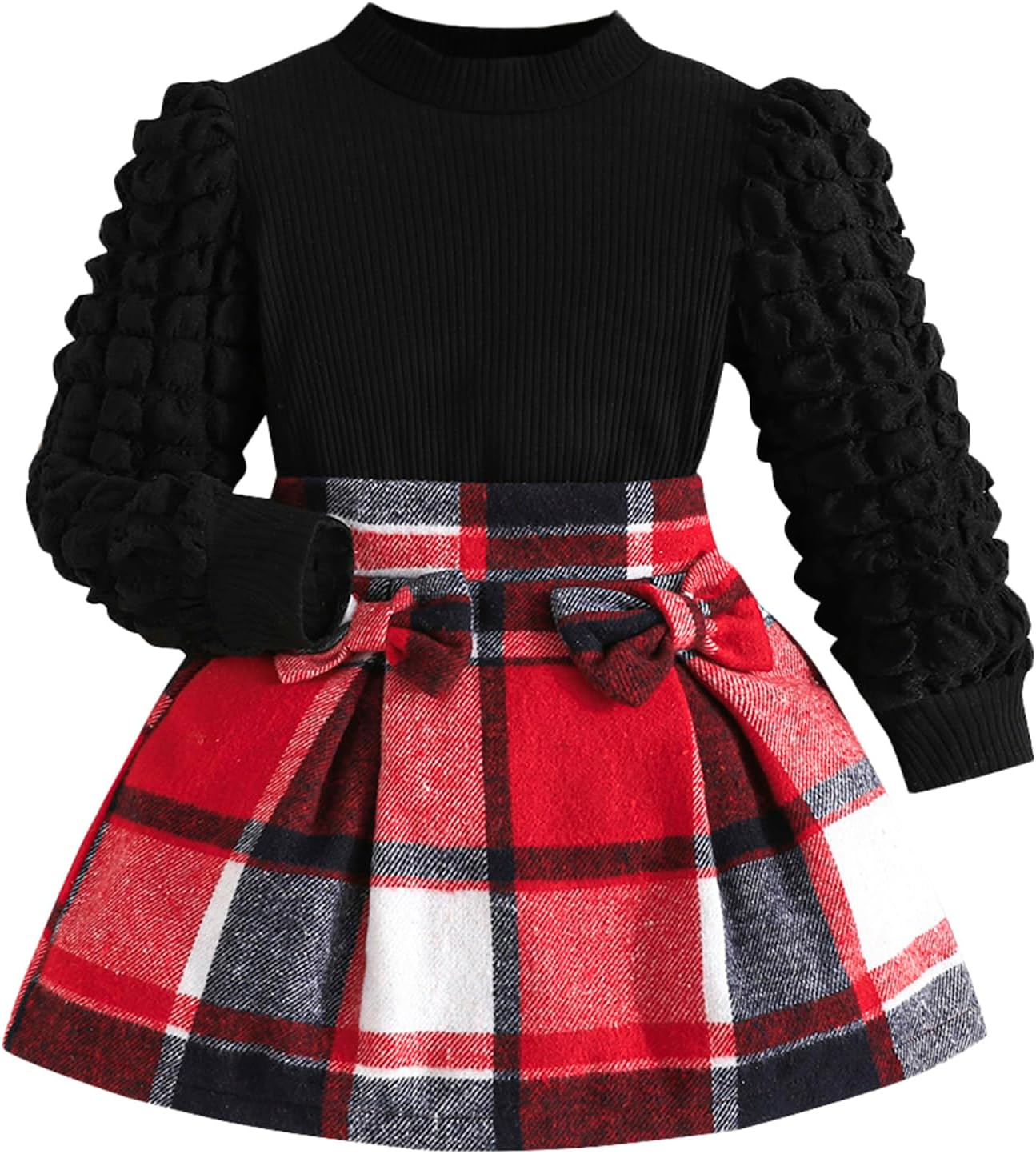 Toddler Girls Clothes Sets: Puff Sleeve Tops Plaid Mini Skirts Skirt Set 2 Piece Fall Winter Outfits 2-8 Years