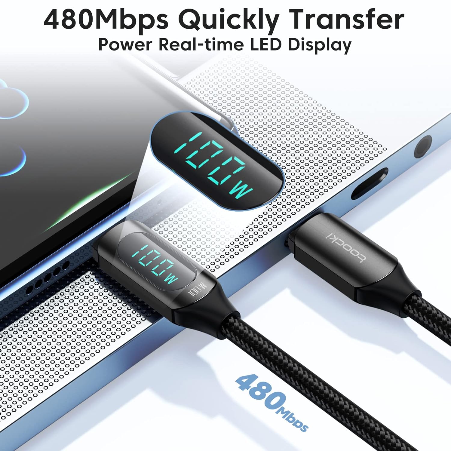 USB C cable connected to a phone and laptop, showing 480Mbps data transfer and 100W power display