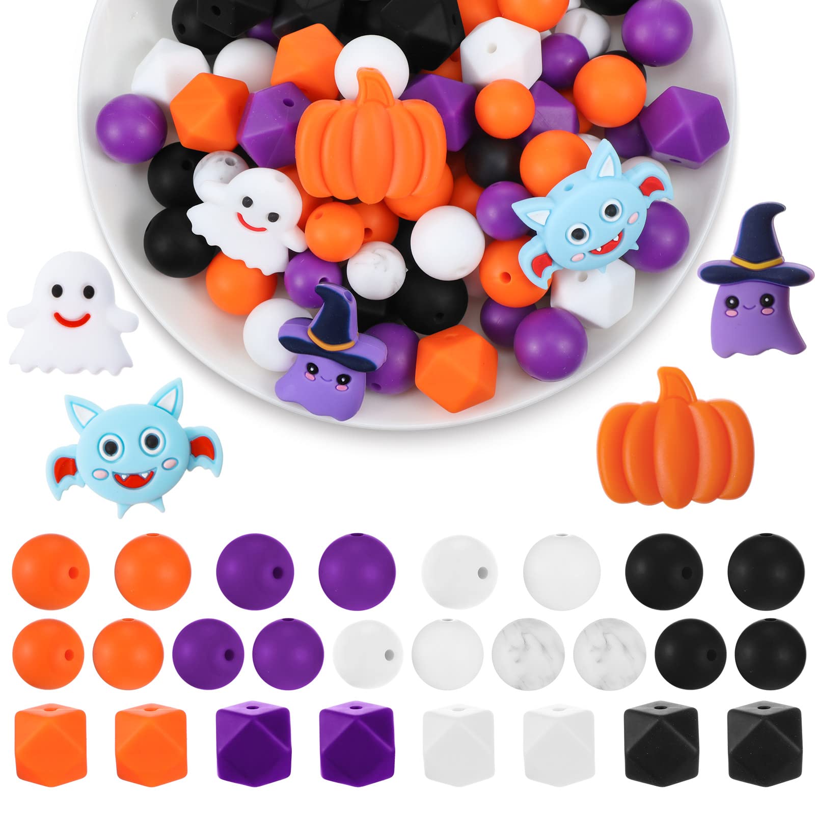 101 Pcs Silicone Beads Set Stylish DIY Keychain Necklace Silicone Beads Round Rubber Beads Polygonal Pastel Beads Colorful Confetti Making Kit for Garland Bracelet Jewelry Crafts(Vivid Color)