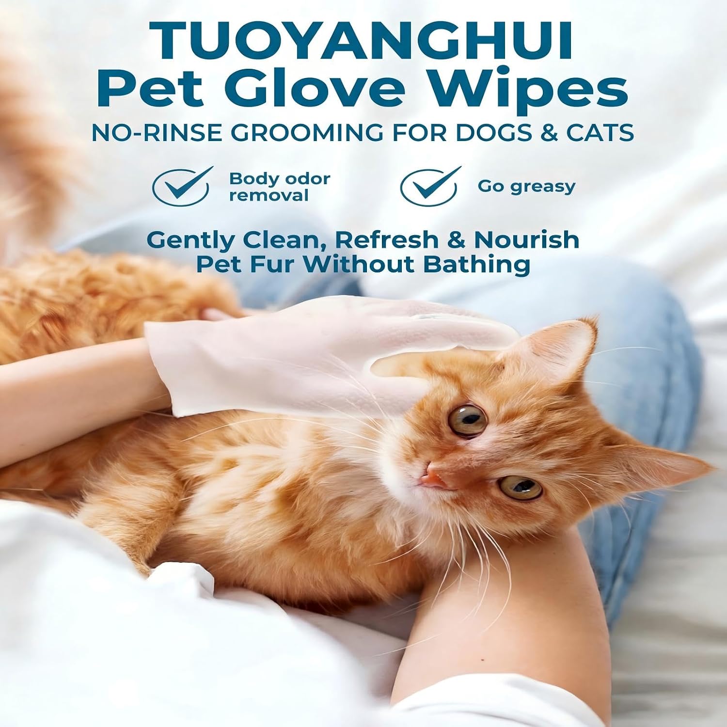 Pet Glove Wipes for Sphynx, Devon Rex, Cats & Dogs, 6 Count | No-rinse unscented deodorizing aloe mitts. Hypoallergenic thick wipes for full-body care, all pets daily & travel grooming