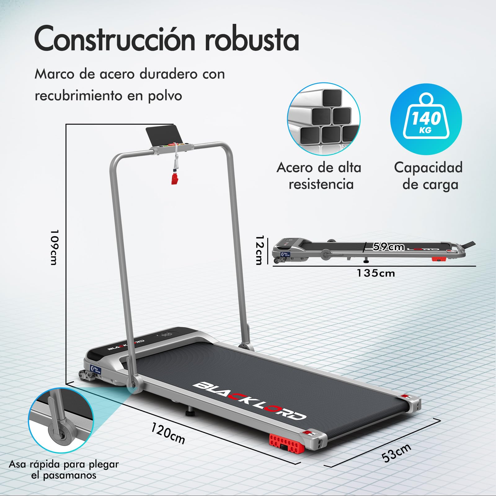 BLACK LORD Cinta de Correr, Walking Pad con/sin inclinación del 9%, Superficie de Carrera,9/12/16km/h, para Debajo del Escritorio, Pantalla LED, portátil,silenciosa,Capacidad de Peso de 120/130/140kg