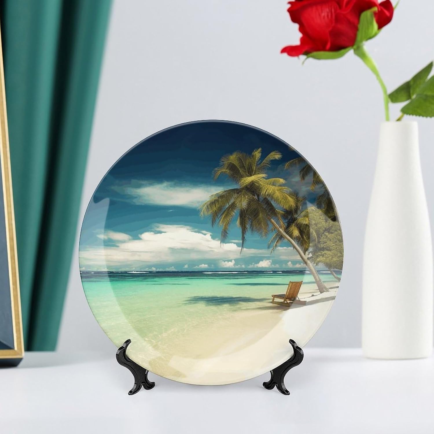 Tropical Holidays Bone China Decorative Plate with Display Stand, Ceramic Ornaments Plate for Wall Hanging, Personalized Porcelain Plates for Office, Living Room 8inch