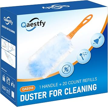 Qaestfy Dusters for Cleaning Dust 20 Count Refills 360 Fluffy Microfiber Hand Duster Kit with 14 Rotatable Handle Unscented Cloths Pad for Multi-Surface Dusting 1 Handle + 20 Count