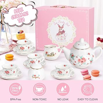 Porcelain Tea Set for Girls, Tea Party Set for Little Girls, Kids Tea Set Kitchen Pretend Play, Princess Tea Time Playset with Teapot Cups Carry Case, Toddler Girl Toys Birthday Gifts Age 3+