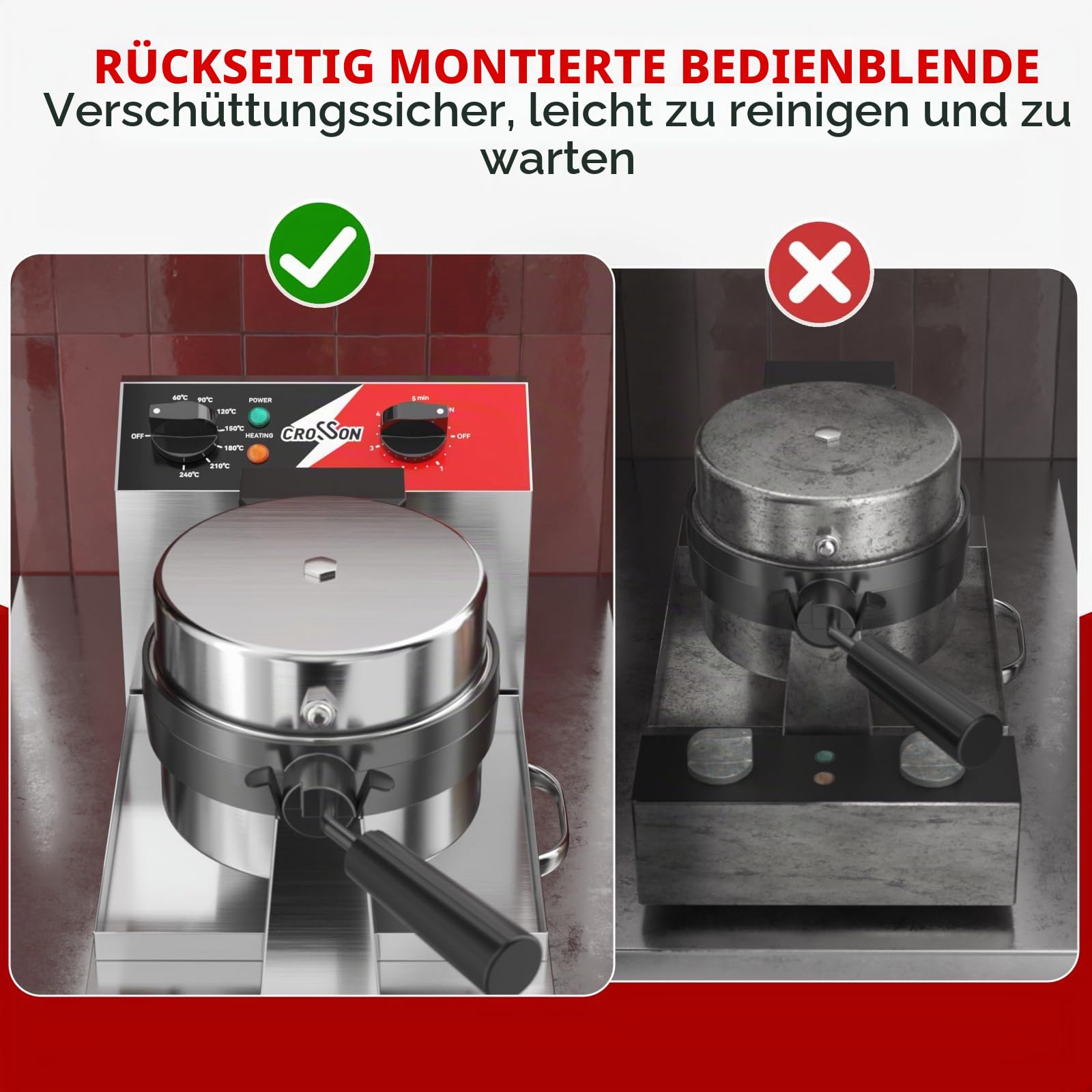 CROSSON Kommerzielles Waffeleisen,Rundes Waffeleisen Belgische Waffel Um 180° Drehen,Nicht Haftende Dreifachschicht mit Temperatur- und Zeiteinstellung für Restaurant Bäckerei Snackbar,230V/1300W