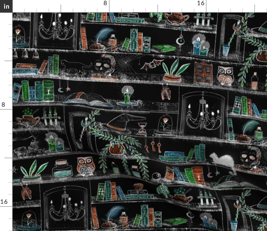 Spoonflower Fabric - Witch Bookshelf Halloween Library Goth Night Magic Printed on Petal Signature Cotton Fabric by The Yard - Sewing Quilting Apparel Crafts Decor