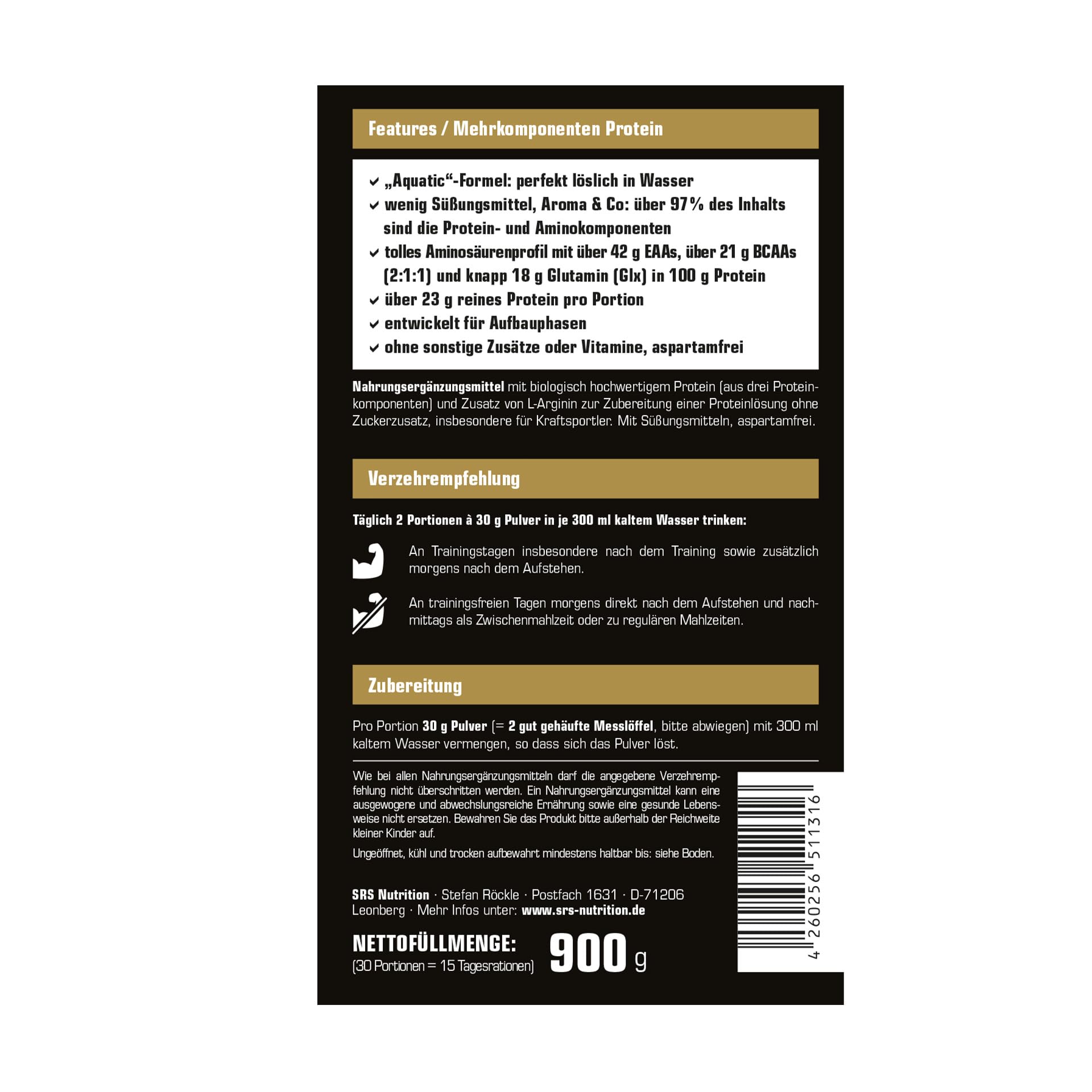 SRS Muscle High Protein Aquatic XL, 900 g, vanille | Protéine multi-composants 3+1 | Optimisée pour la valeur biologique | Sans aspartame | Réduit le lactose | Qualité supérieure allemande (vanille,