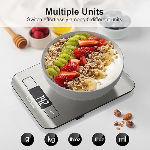 Miniatura 5 de Ultrean Báscula de alimentos, báscula digital de cocina de 33 libras para alimentos onzas, acero inoxidable 304, carga tipo C y baterías, perfecta