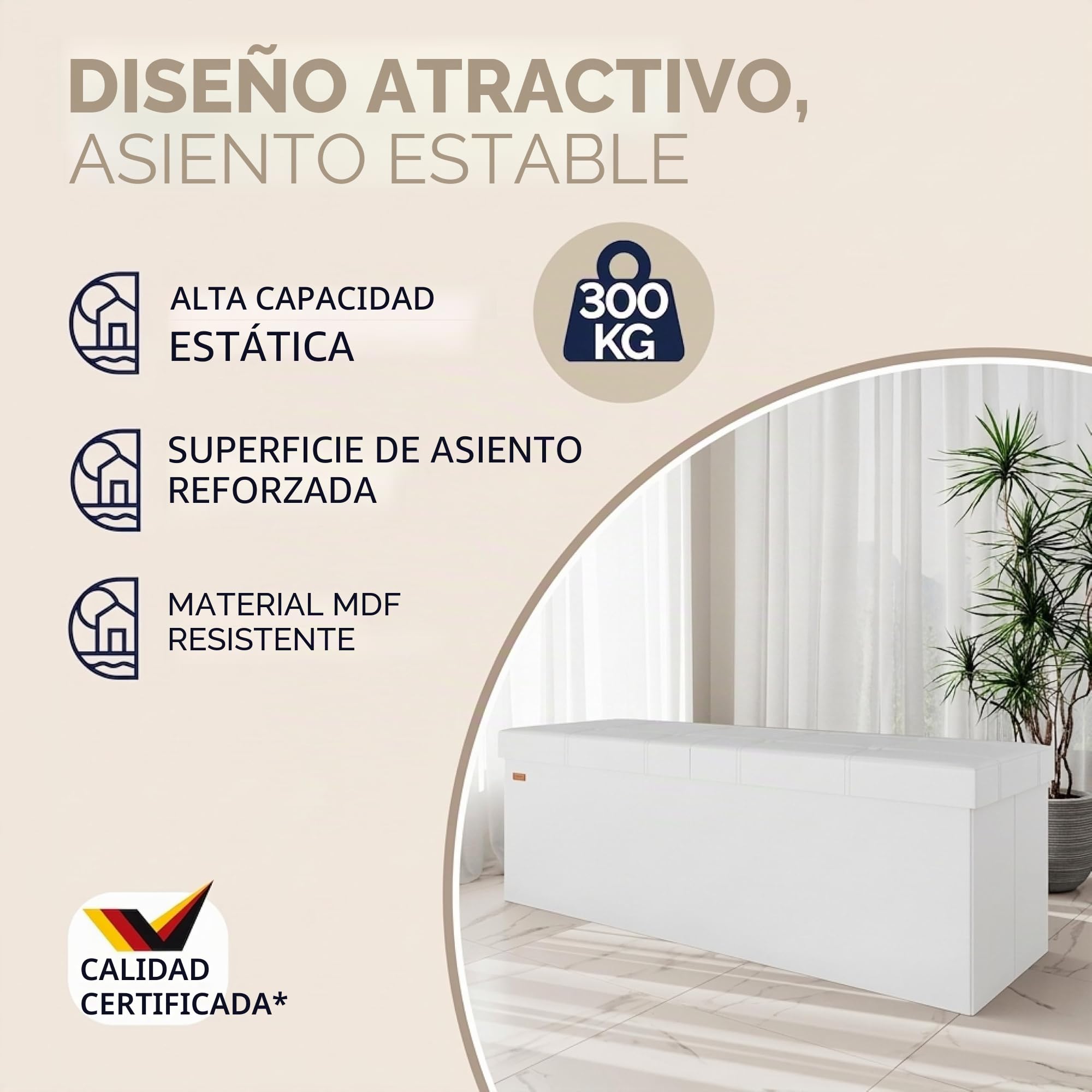 CASARIA® Banco Almacenaje Plegable Puff Reposapiés Otomana Almacenamiento Salón Dormitorio Capacidad Carga 300kg Resistente Efecto Piel 115x40x40cm Blanco