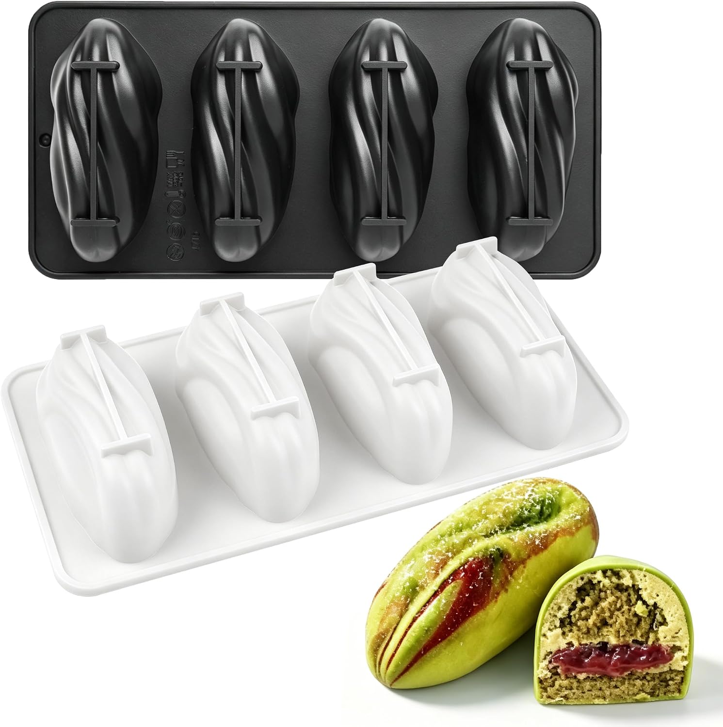 2 Pack 3D Pistachio Mousse Cake Molds, Food-Grade Silicone Baking Mold for Chocolate Pastry Mousse Cake, 4-Cavity Non-Stick Pistachio Shape Jello Mold for DIY Pastry Dessert,Reusable