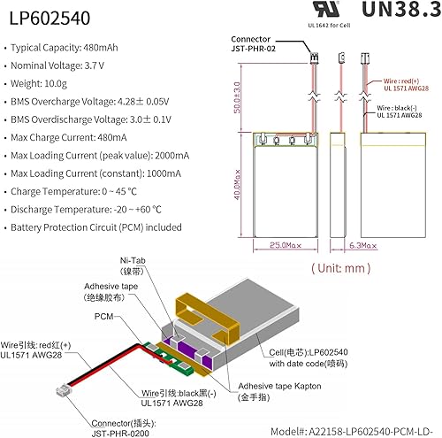 Miniatura 2 de EEMB Batería de polímero de litio 3.7V 1500mAh 503870 Lipo Batería recargable con conector JST de cable para altavoz y dispositivo inalámbrico