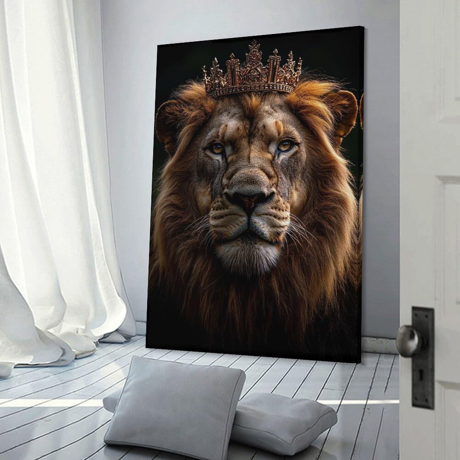 Junmoney Lion King Portrait with Golden Crown Canvas Art Print, 16x24inch(40x60cm), for Bedroom Decor, Cosy Corners Or Studios, A Warm Accent for Relaxed Interiors
