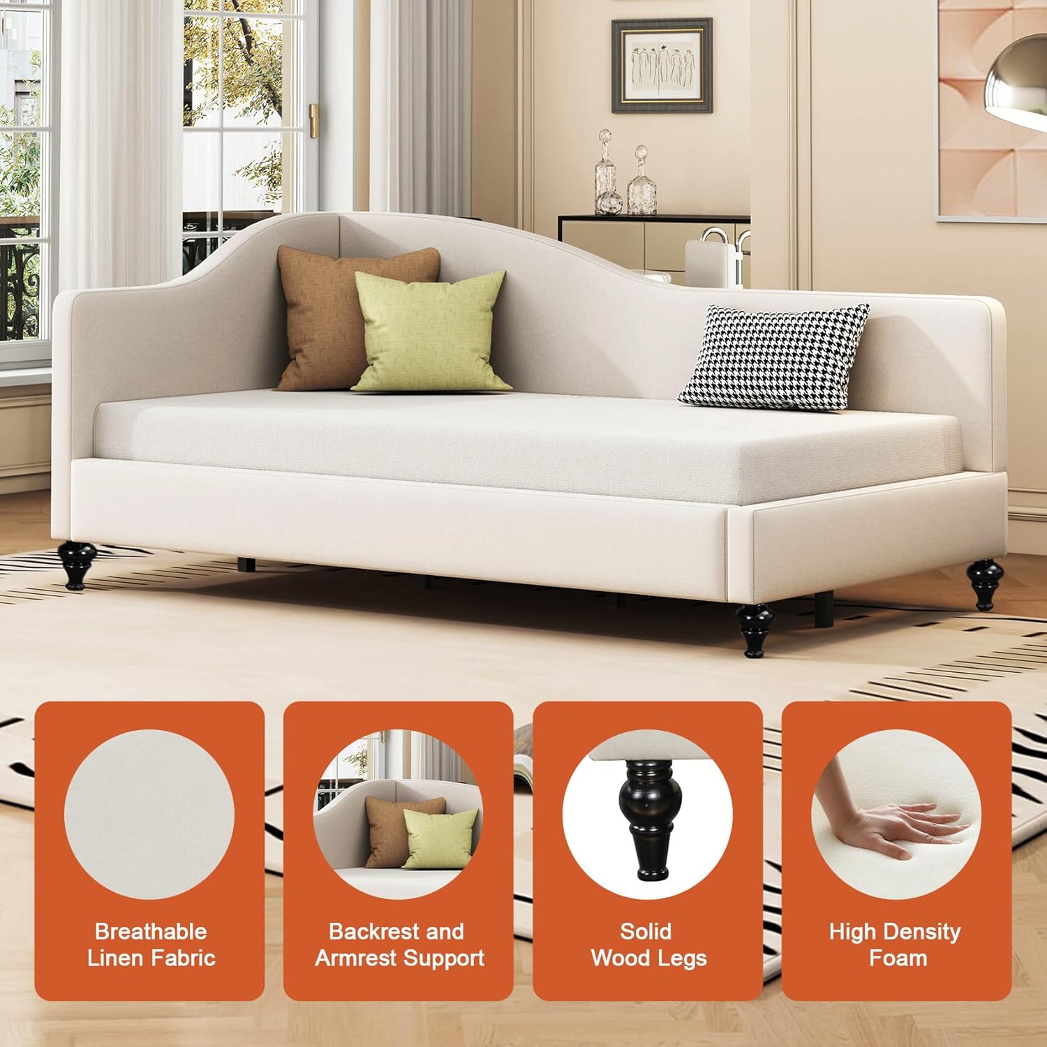 Twin Size Upholstered Daybed L-Shaped Linen Sleeper Sofa Bed with Solid Wood Legs Corner Day Bed Frame for Living Room Bedroom Guestroom, Beige