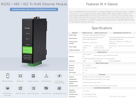 Waveshare RS232/485/422 إلى وحدة إيثرنت RJ45، TCP/IP إلى المسلسل، مع وظيفة POE، ناقل حركة شفاف ثنائي الاتجاه، مناسب للحصول على البيانات، مراقبة الأجهزة الذكية، إلخ