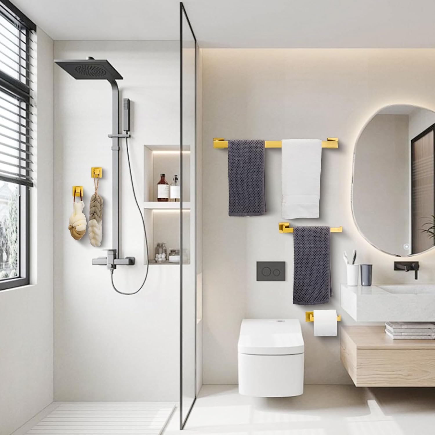 5 Piece Bathroom Hardware Set 23.6 Inch Brushed Gold Towel Bar Set Bathroom Towel Holder Set Towel Rack Set Heavy Duty Wall Mounted