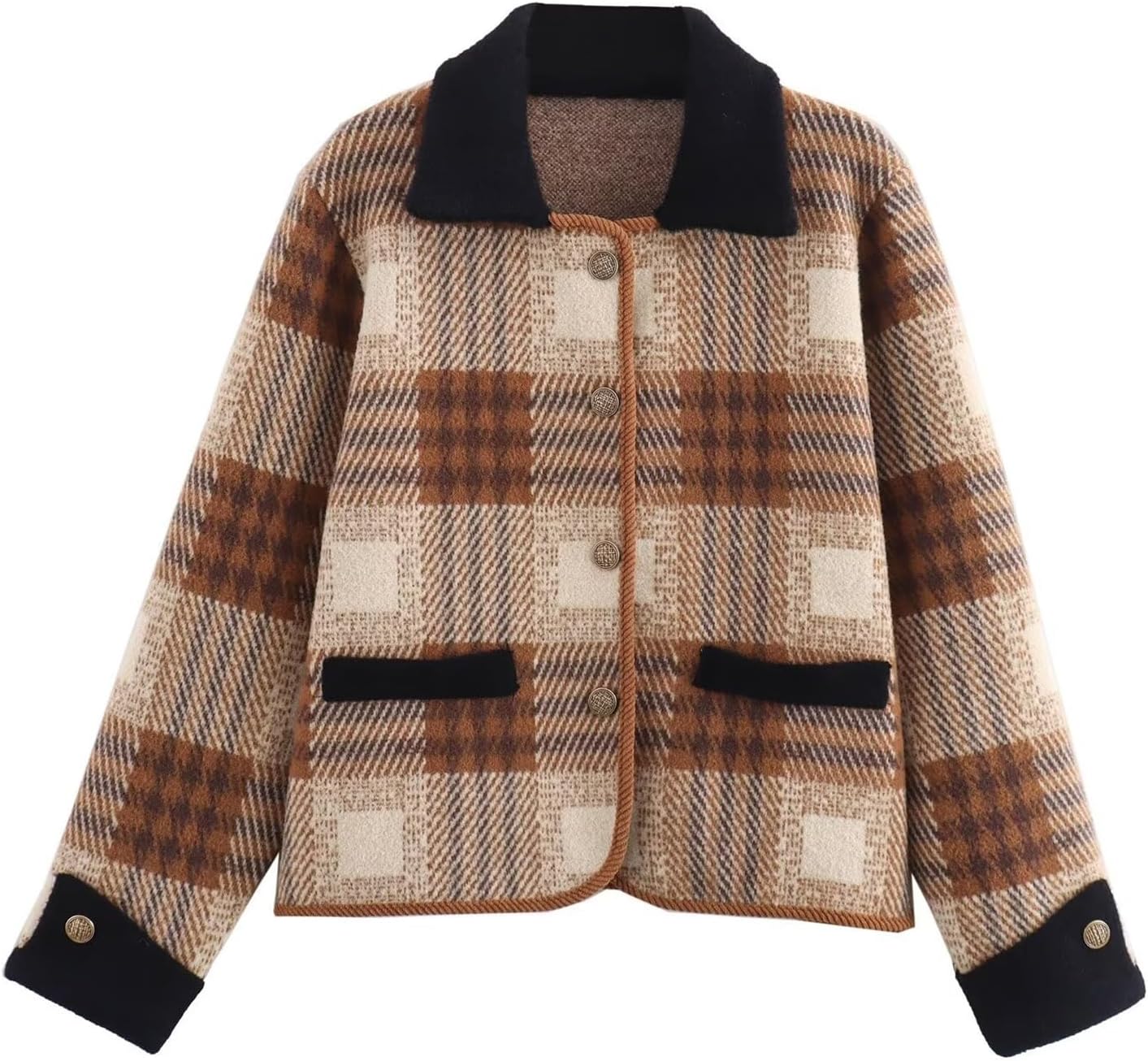 HOULENGS Women's Vintage Long Sleeve Plaid Print Cardigan Sweater Button Down Lapel Knit Sweater Coat with Pockets