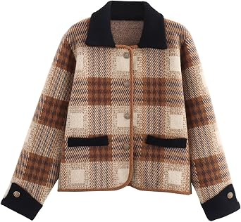 HOULENGS Womens Vintage Long Sleeve Plaid Print Cardigan Sweater Button Down Lapel Knit Sweater Coat with Pockets