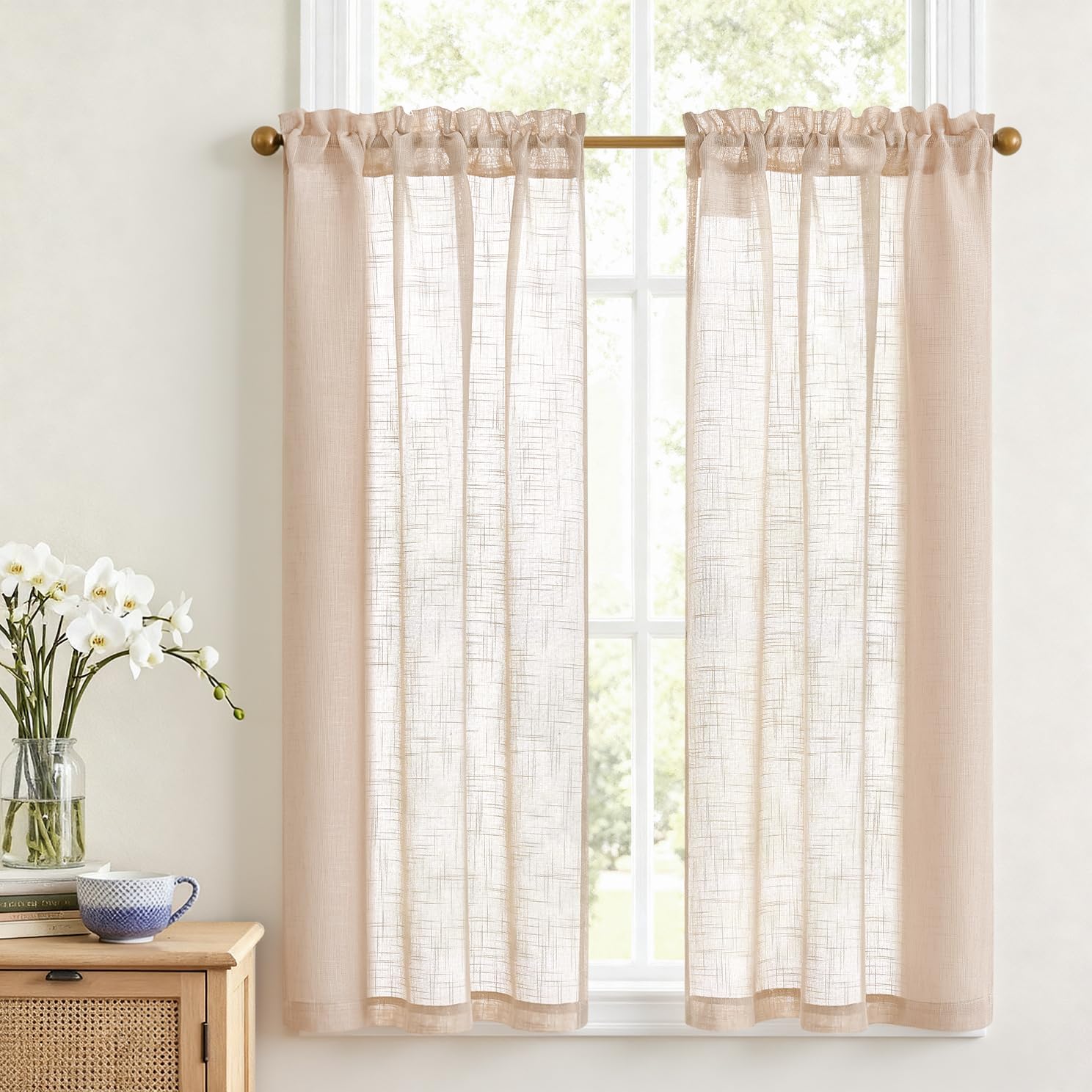 VANGAO Voile Scheibengardine Transparente Bistrogardine Sheer Unifarbige Tunnelzug Küchenvorhang