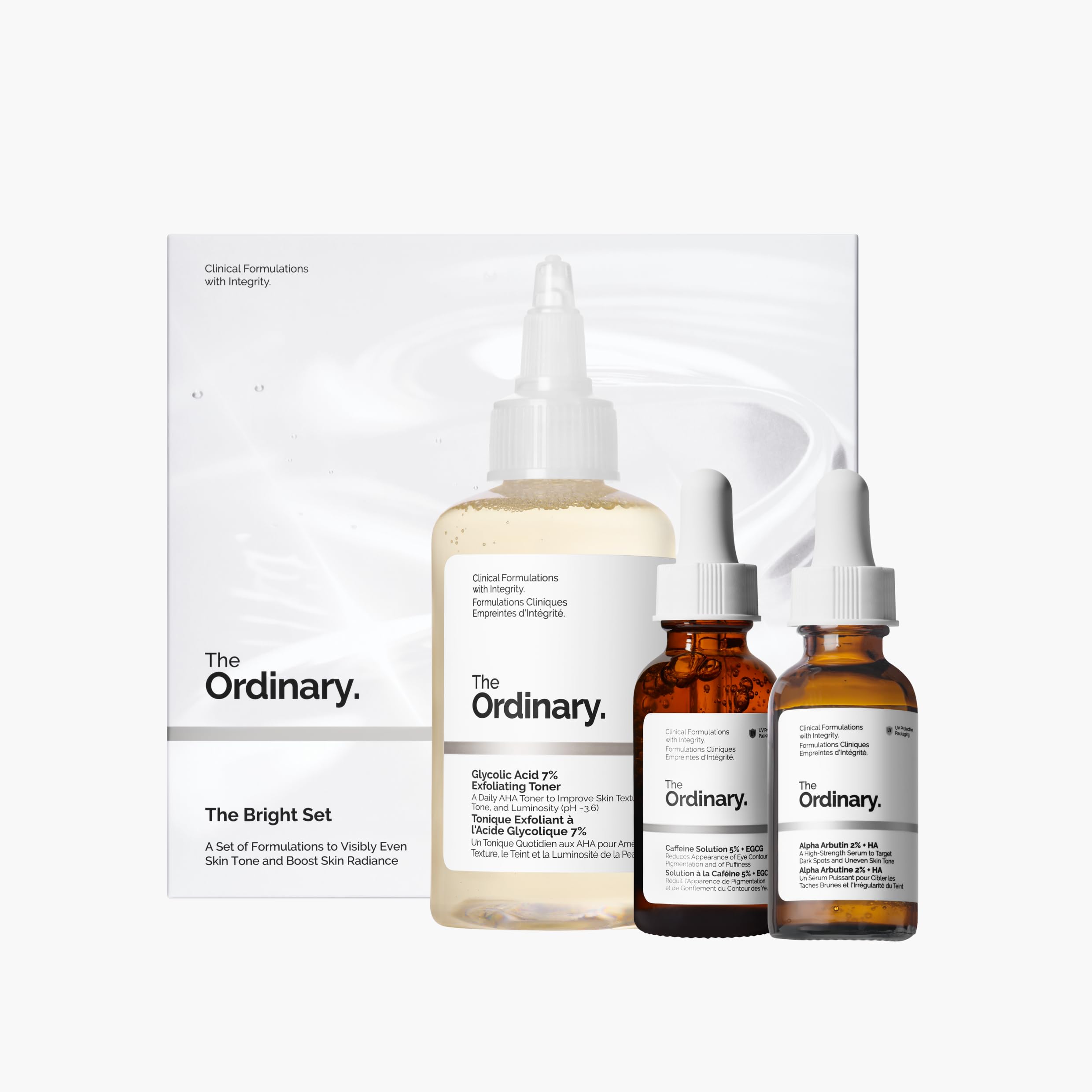 The OrdinaryThe Bright Set, 3-Step Regimen for Radiant, Even Skin Tone with Glycolic Acid 7% Exfoliating Toner, Alpha Arbutin 2% + HA, and Caffeine Solution 5% + EGCG | Skin Care Set