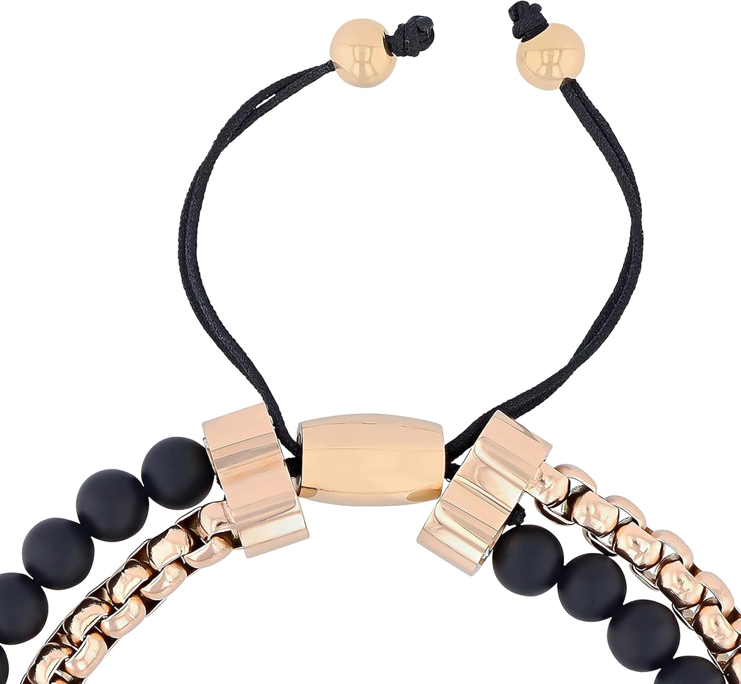 Men's Stainless Steel Bead Beaded Double Strand Rolo Chain Adjustable Nylon Bolo Bracelet