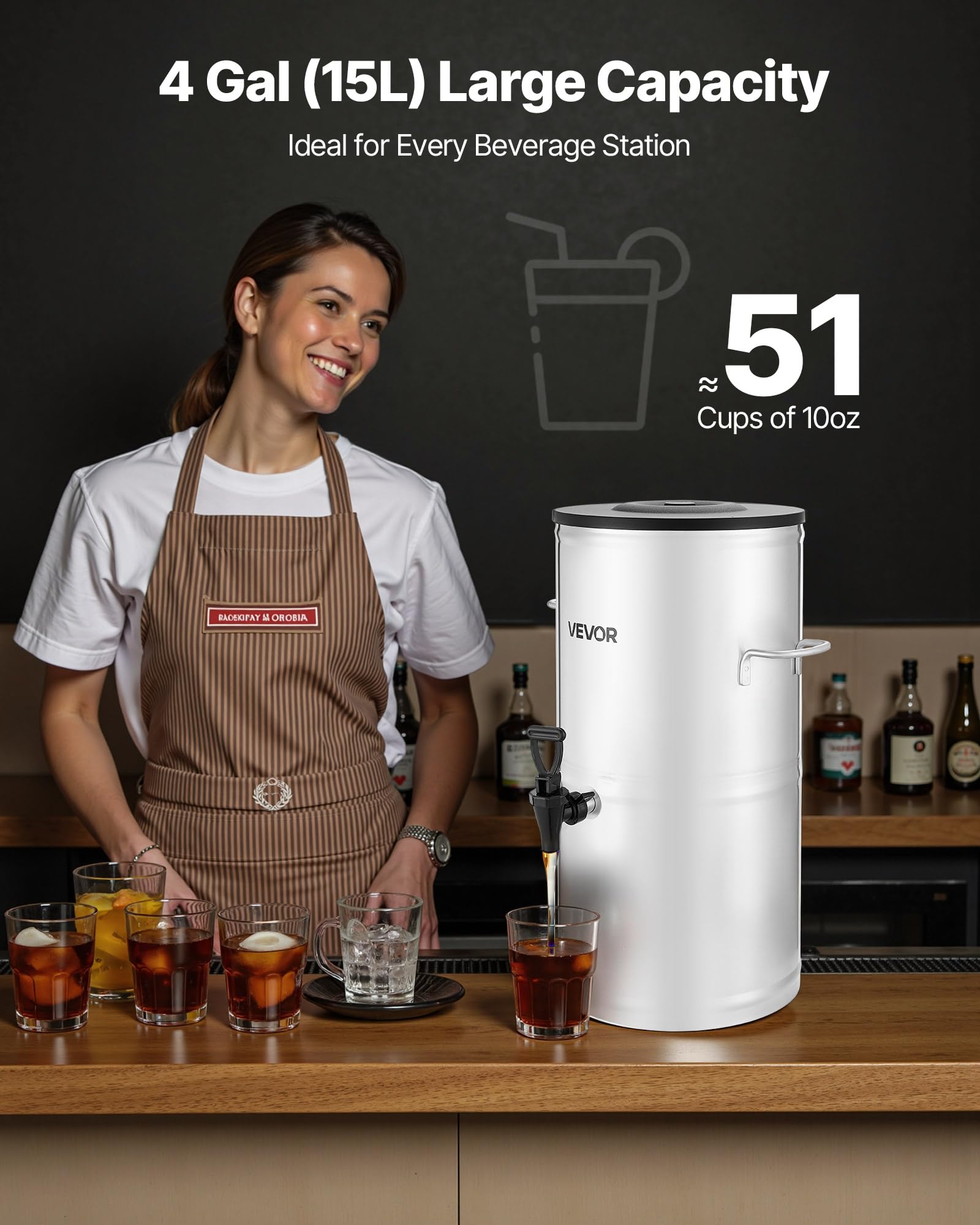 VEVOR Distributore di Tè Freddo da 15 L Distributore di Bevande Isolato in Acciaio Inox 304 con Rubinetto e Maniglia, per Bevande Calde e Fredde, per Caffè e Acqua in Bar e Ristoranti
