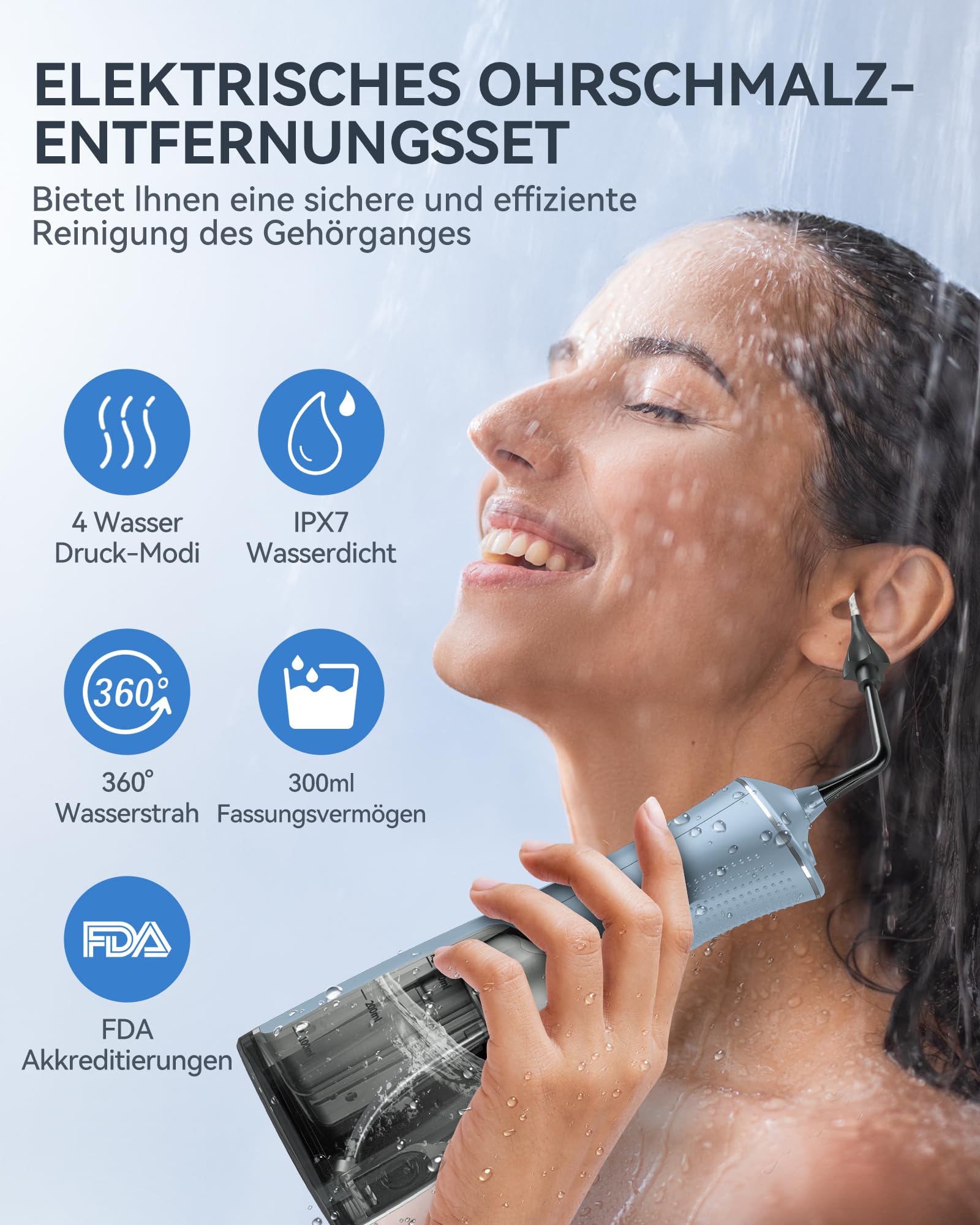 Ohrenschmalz Entfernung Kit - Wasserstrahl für Zuhause & Reisen – IPX7 wasserdicht,4 Modi inkl. DIY‑Druckregelung, Set mit4 Aufsätzen