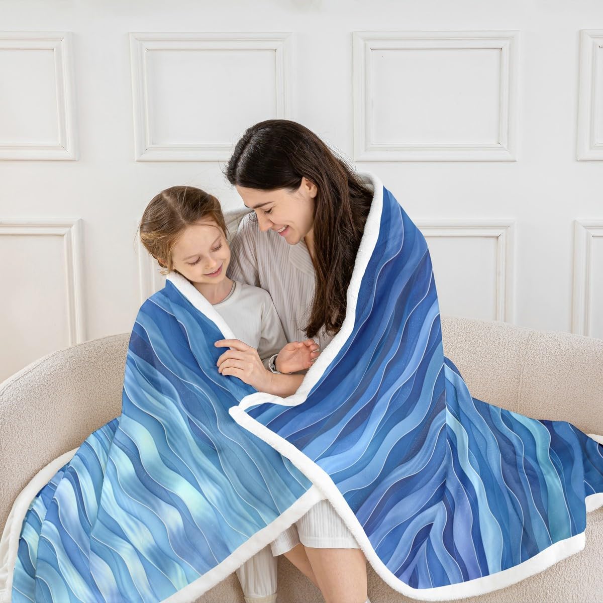 Erosebridal Blue Wavy Line Fleece Blanket Baby 30"x40" Navy Gradient Striped Sherpa Blanket Sea Blue Abstract Line Fuzzy Plush Throw for Kids Boys Girls,Geometric Striped Decor for Bed Couch