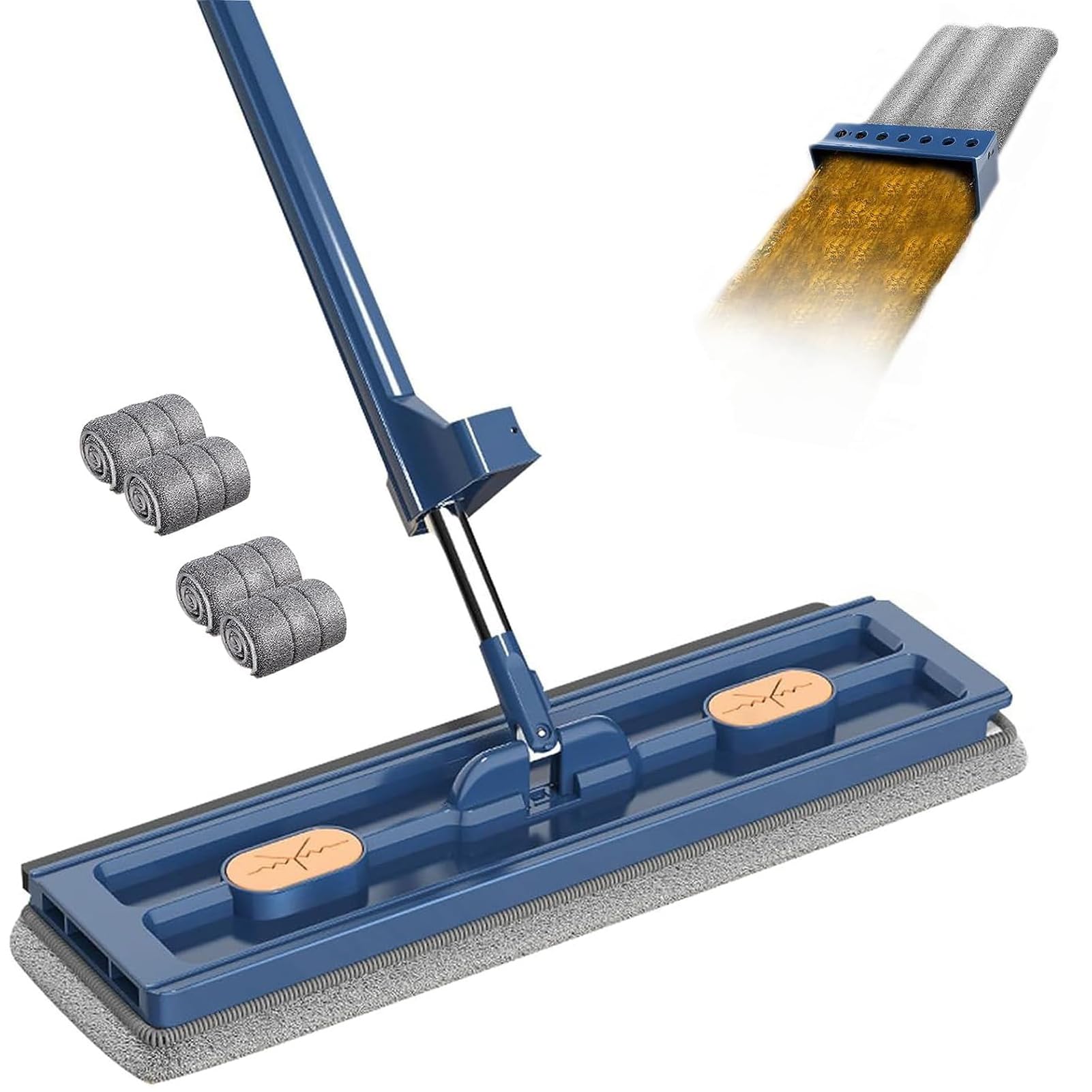 Großer Flacher Wischmopp,360° Drehgelenk Clean Bodenwischer Set Flachmopp mit Auswringfunktion,Flacher Mop Für Fliesen, Küche, Bad, Hartholz Laminat,Blue,4PCS Cloths