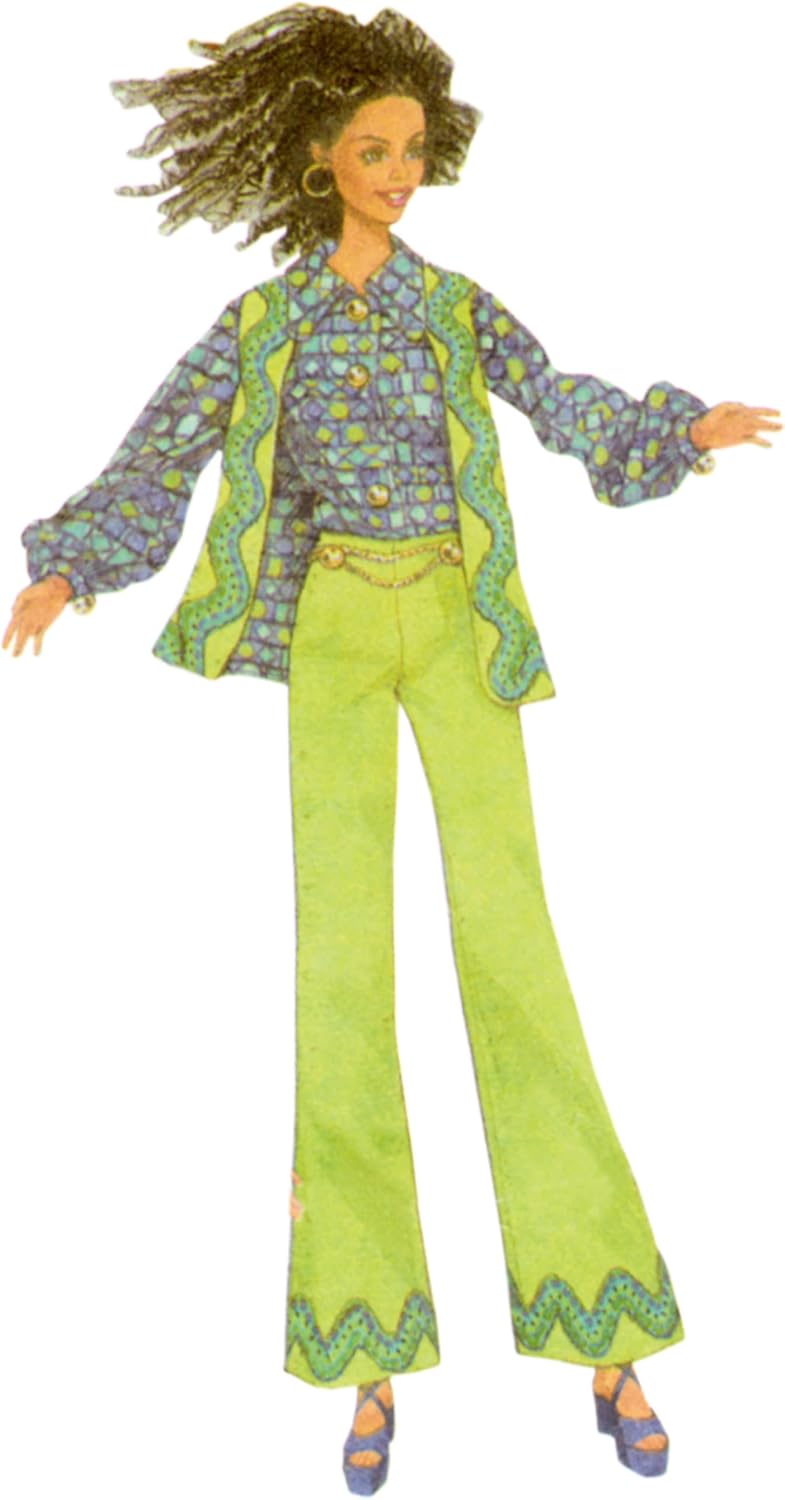 Simplicity SS9869OS Vintage 1970's 11.5" Doll Maxi Coat, Mini Dress, Spats, Bell Bottoms, Vest, Shirt, Tunic, and Skirt Sewing Pattern Packet by Theresa LaQuey, Design Code S9869