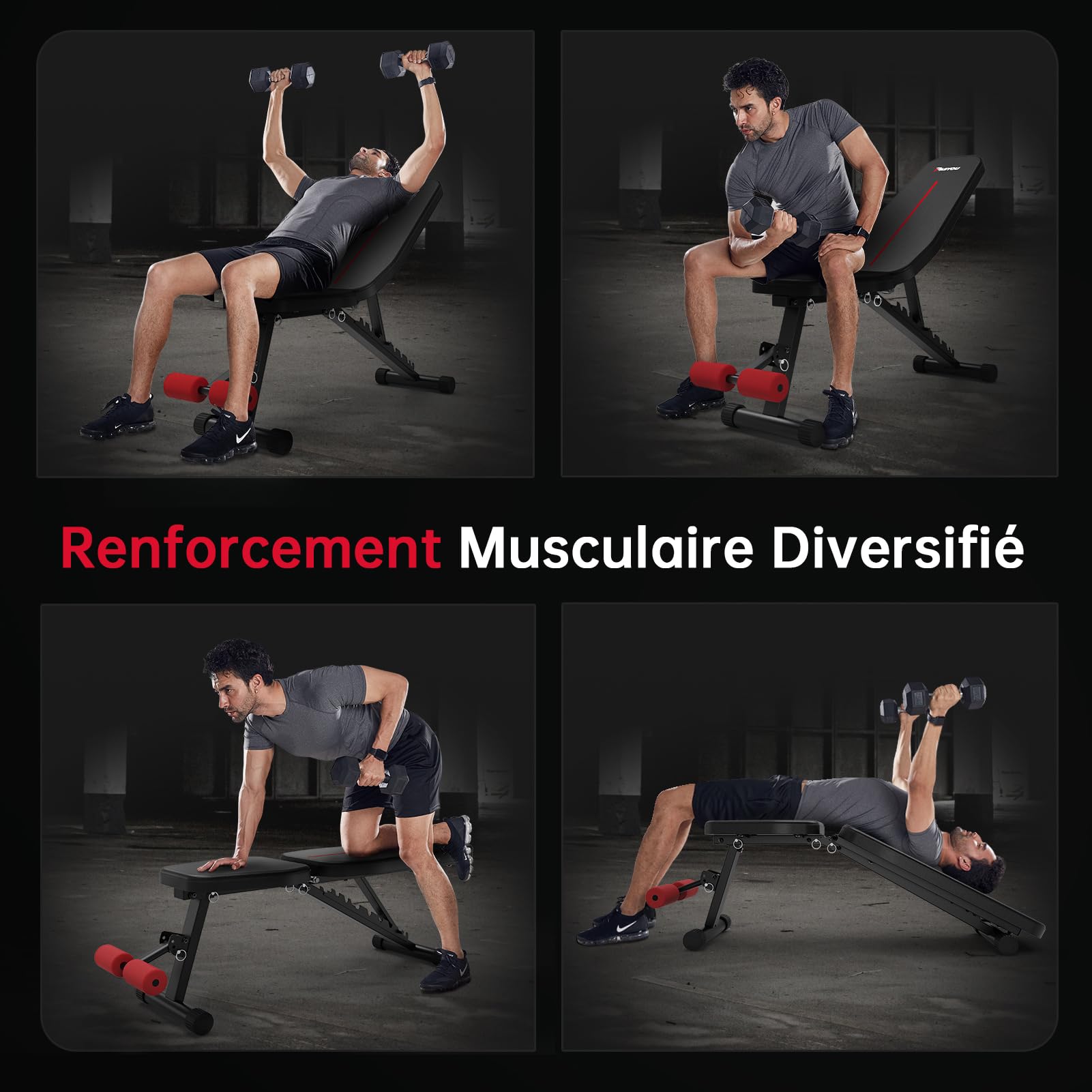 PASYOU Banc Musculation Pliable 10 Directions Réglables à 90° Verticalement Multifonctionnel Banc de Musculation pour un Entraînement Complet du Corps Banc Abdominaux