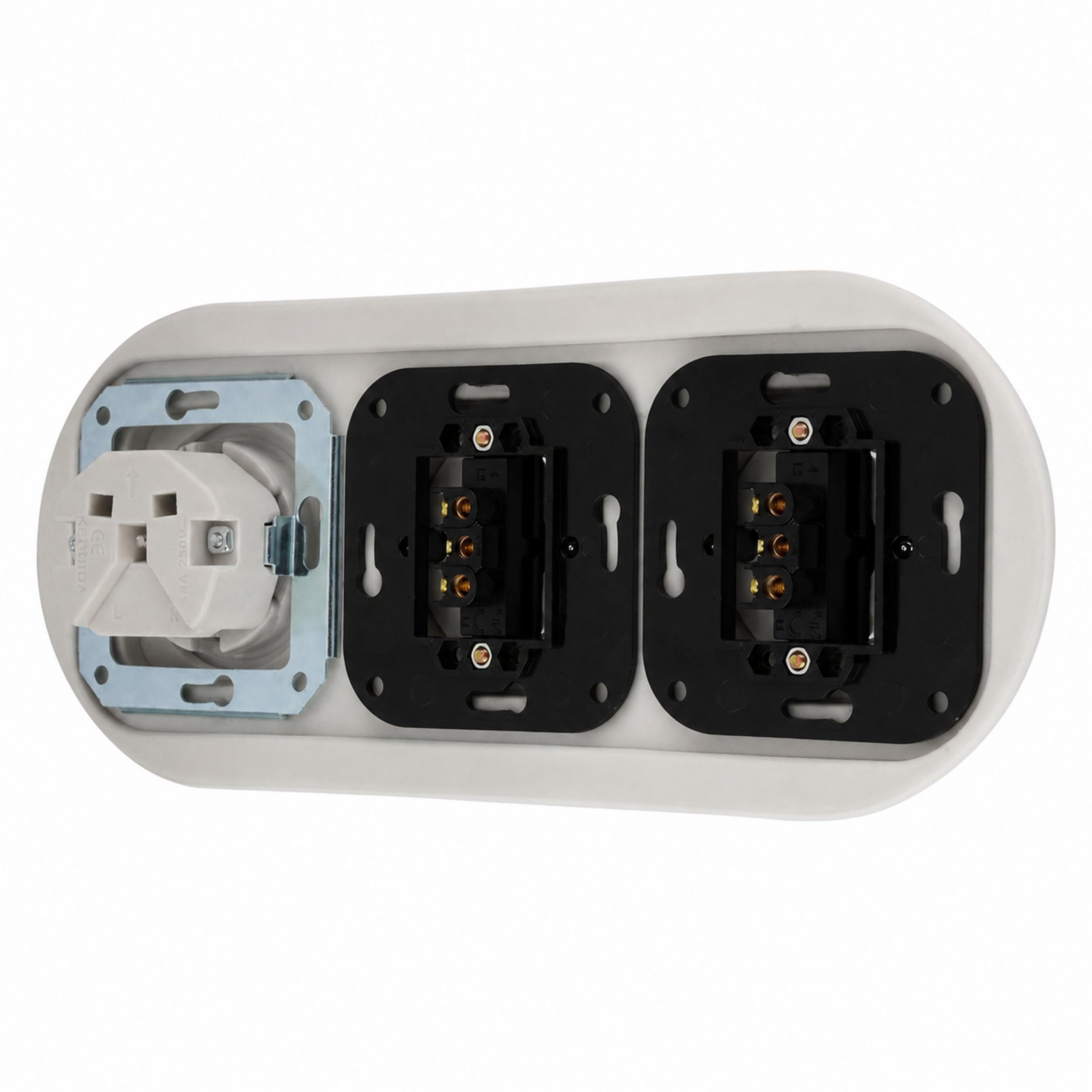 Unterputz Porzellan Retro Steckdose, Schalter, 3-fach, All-in-One, SET Serie PR1 weiß