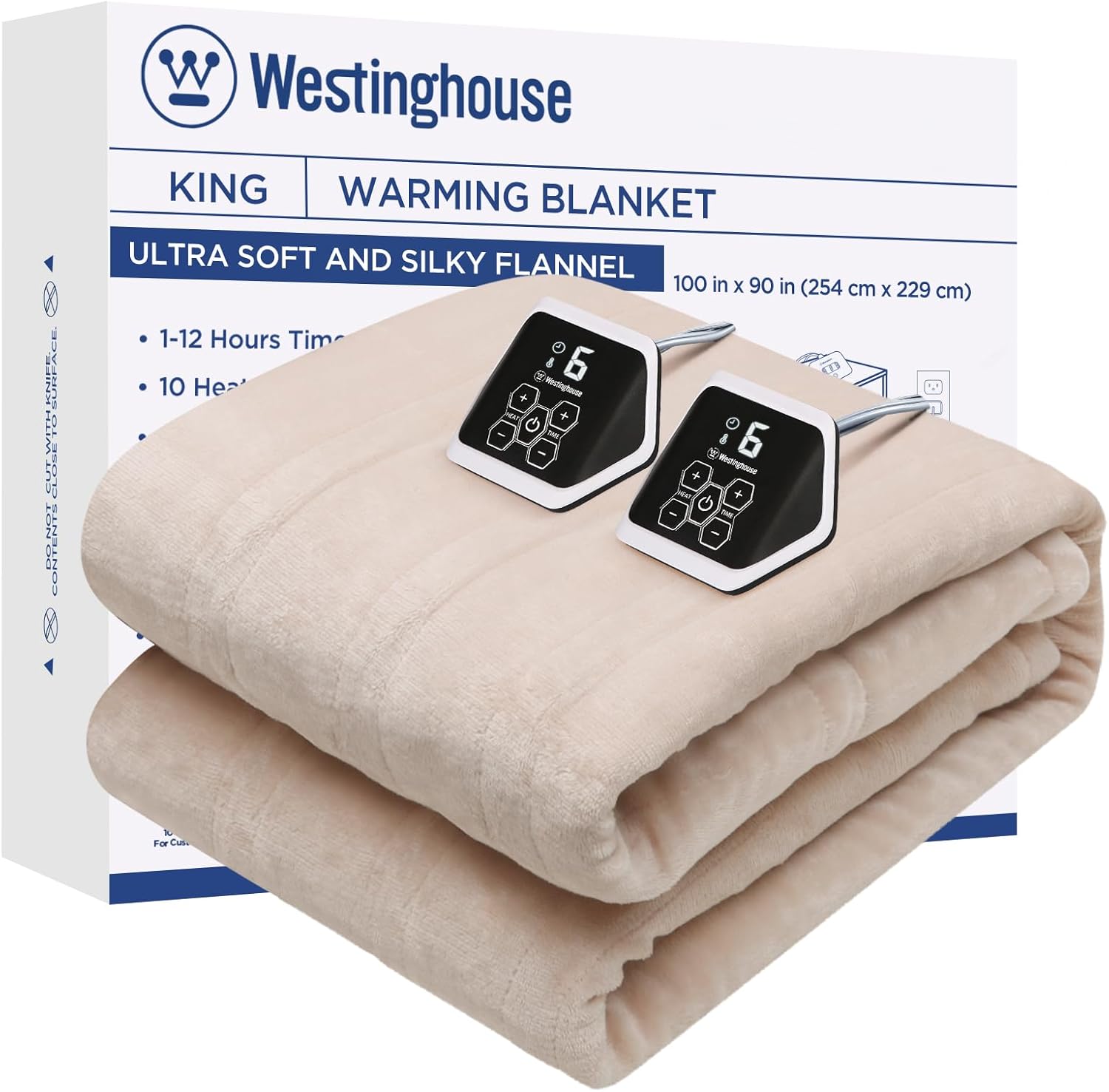 Westinghouse King Size Electric Heating Blanket, 10 Levels, Auto Shut Off, Fast Heating, Machine Washable (Beige, 100x90 Inches)