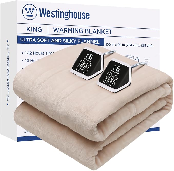Westinghouse King Size Electric Heating Blanket, 10 Levels, Auto Shut Off, Fast Heating, Machine Washable (Beige, 100x90 Inches)
