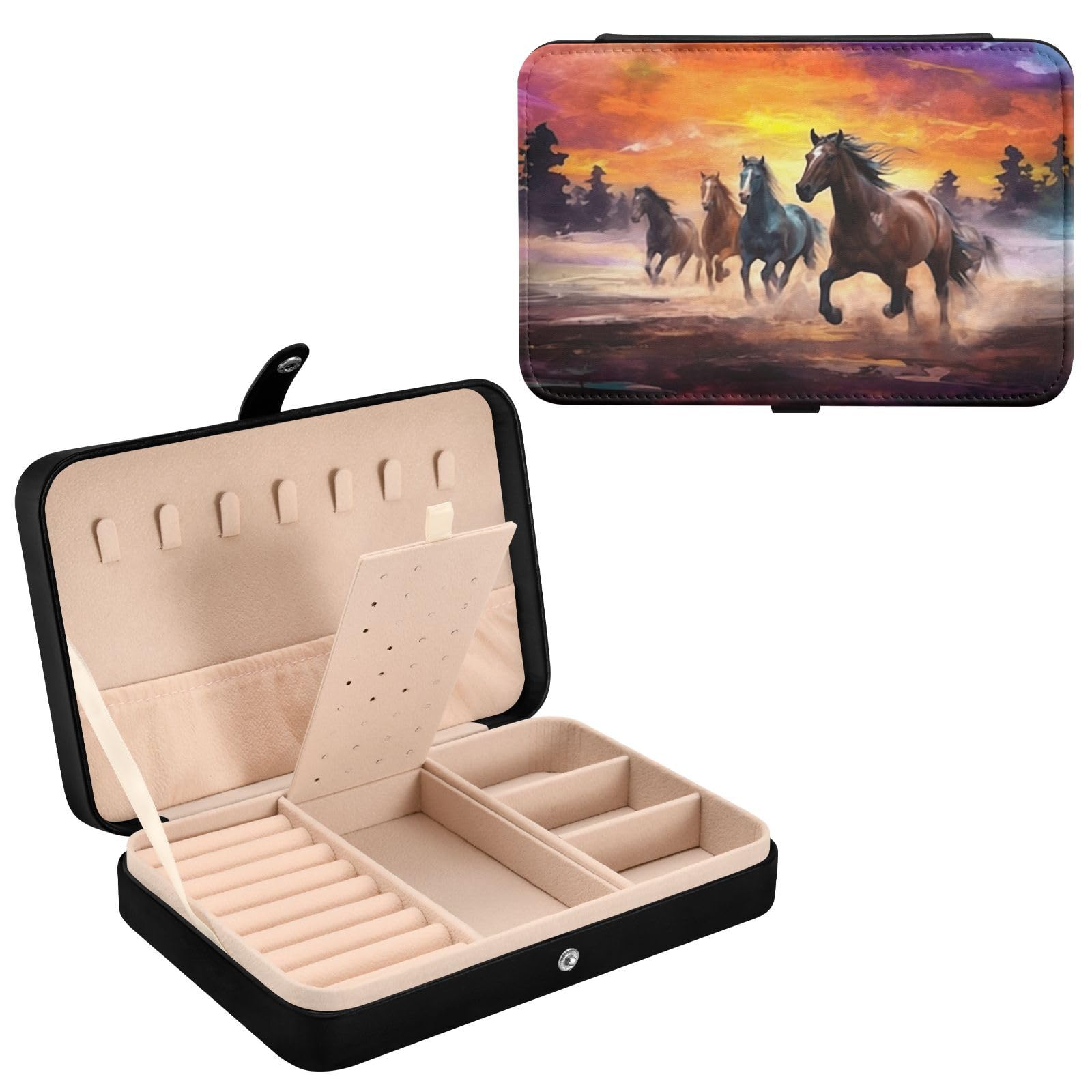 Haskirky Horse Painting Jewelry Box Portable PU Leather Travel Jewelry Organize for Women Jewelry Storage Display Holder for Ring, Necklace, Earring