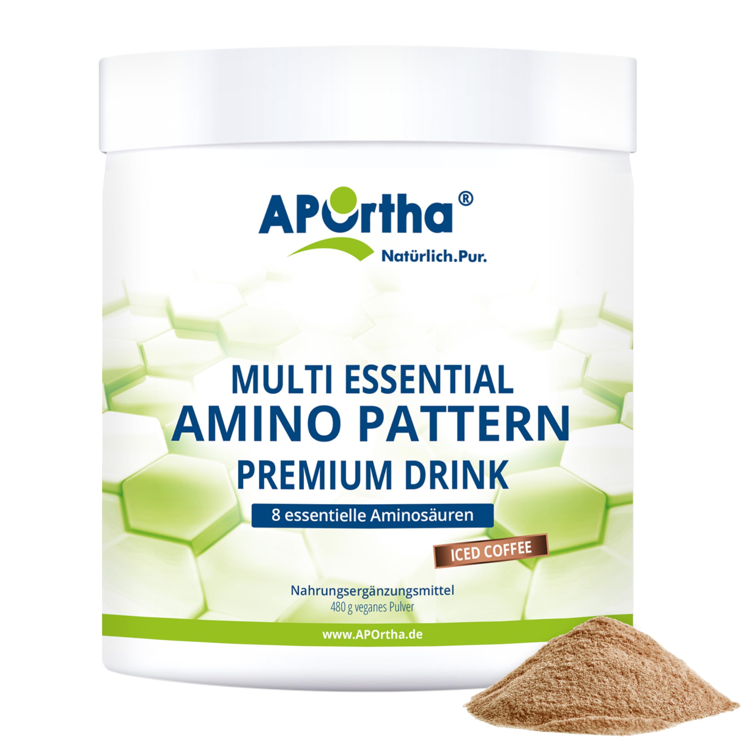 APOrtha® Multi Essential Amino Pattern Premium Drink – 480 g Iced Coffee mit echtem Kaffee, 8 essentielle Aminosäuren nach Prof. Dr. Lucà-Moretti, ausgewogenes Aminosäuren-Profil, EAA Pulver