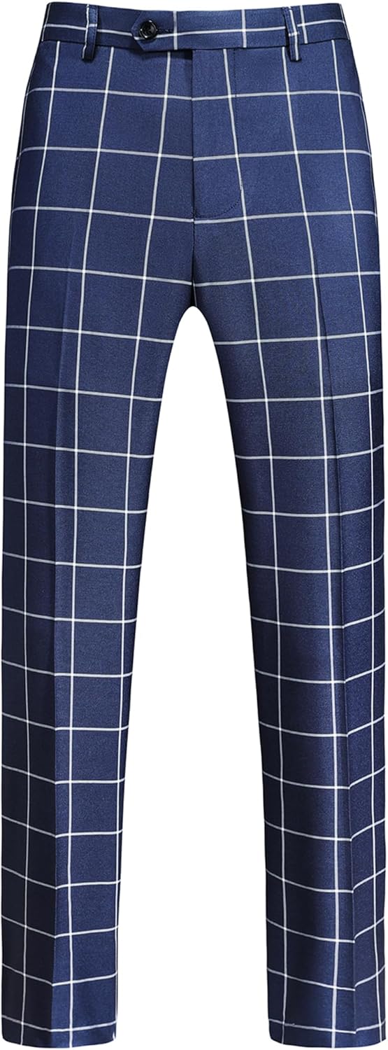 UNINUKOO Mens Classic Suit Pants Straight Fit Modern Formal Dress Pants Separate Trousers for Men US Size 34W x 32L Plaid Navy