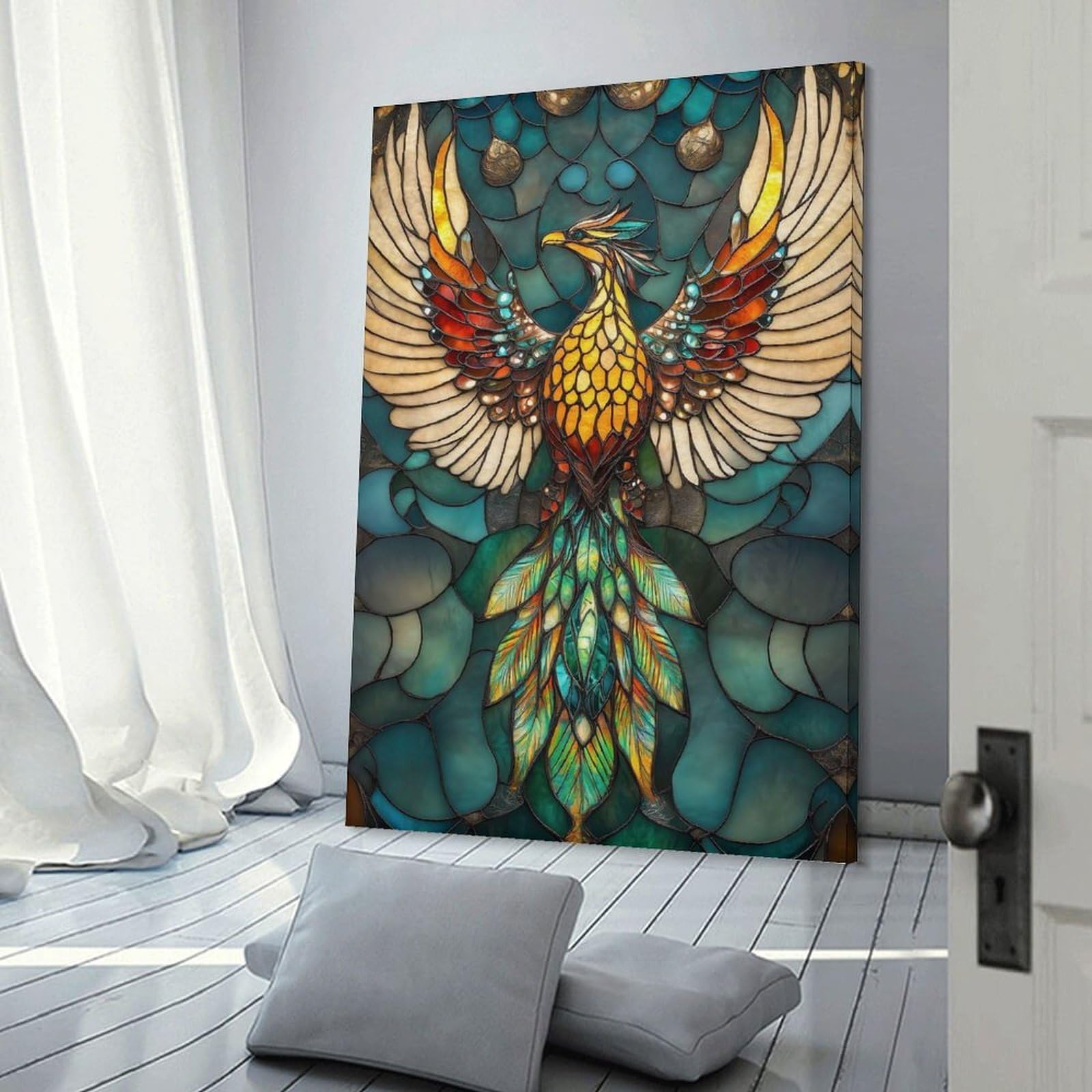 Junmoney Frame-Style-16 Canvas Art Print Phoenix Stained Glass, 24X36inch(60X90cm), For Office, Study Or Home Workspace, Wall Art That Adds Style To Work Areas