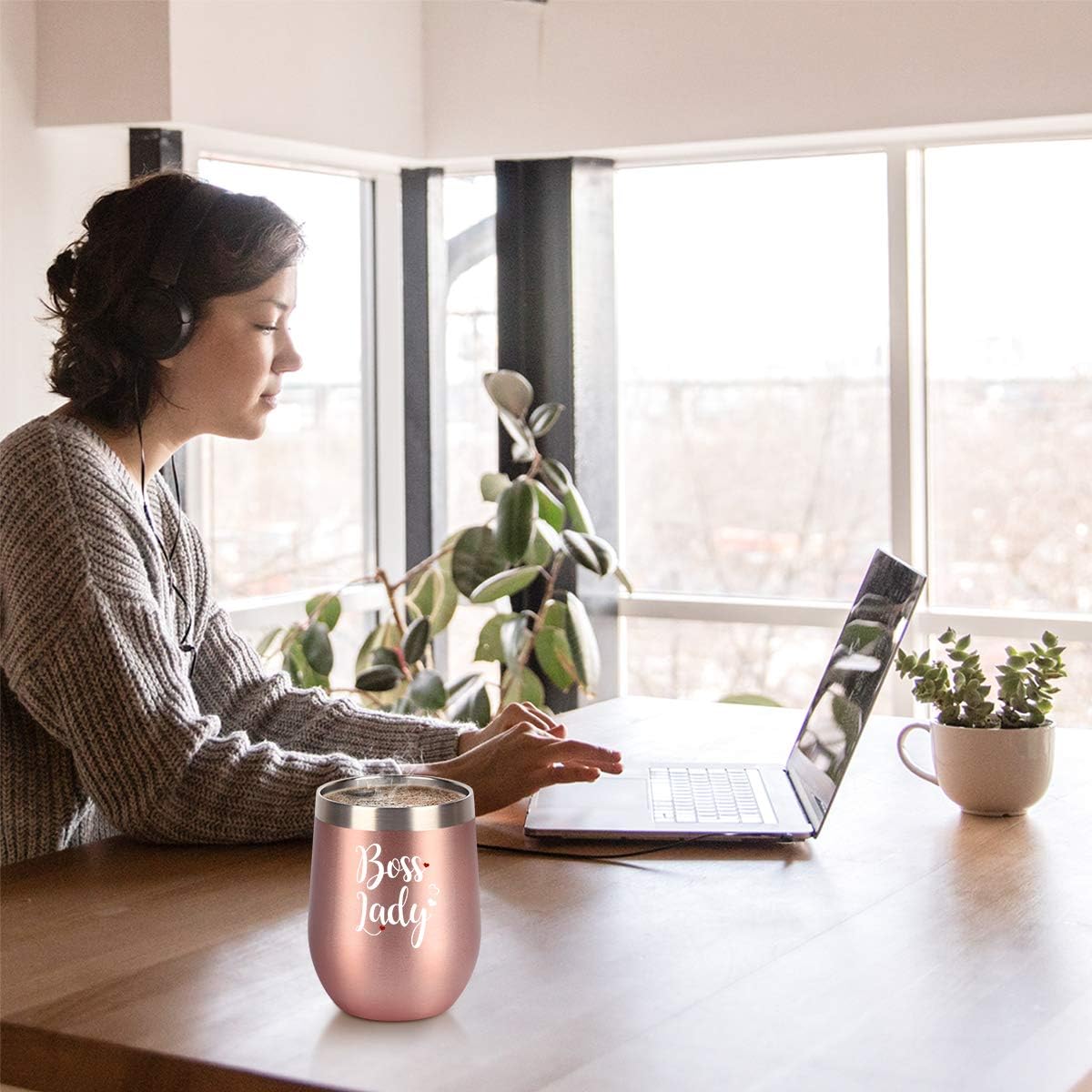 50% Off Discount Boss Lady Wine Tumbler Cupcake Wine Socks Set, Bosses Day Christmas Gifts for Women Boss Mom Female Friends, Insulated Stainless Steel WineTumbler with Lid, Socks, Opener, Stopper (12 oz, Rose Gold)