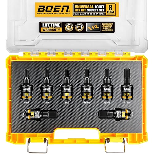 BOEN 1/2" Drive Impact Hex Bit Set, 8-Pieces Universal Metric Size (6, 7, 8, 10, 12, 14, 17, 19mm), Swivel Allen Bit Socket Set, Embossed and Painted Marking, CR-MO Steel