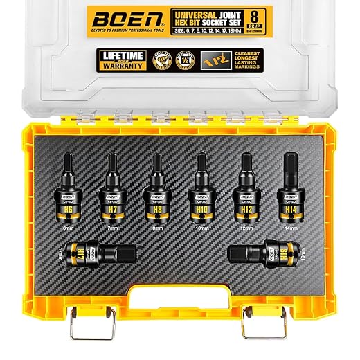 BOEN 1/2" Drive Impact Hex Bit Set, 8-Pieces Universal Metric Size (6, 7, 8, 10, 12, 14, 17, 19mm), Swivel Allen Bit Socket Set, Embossed and Painted Marking, CR-MO Steel