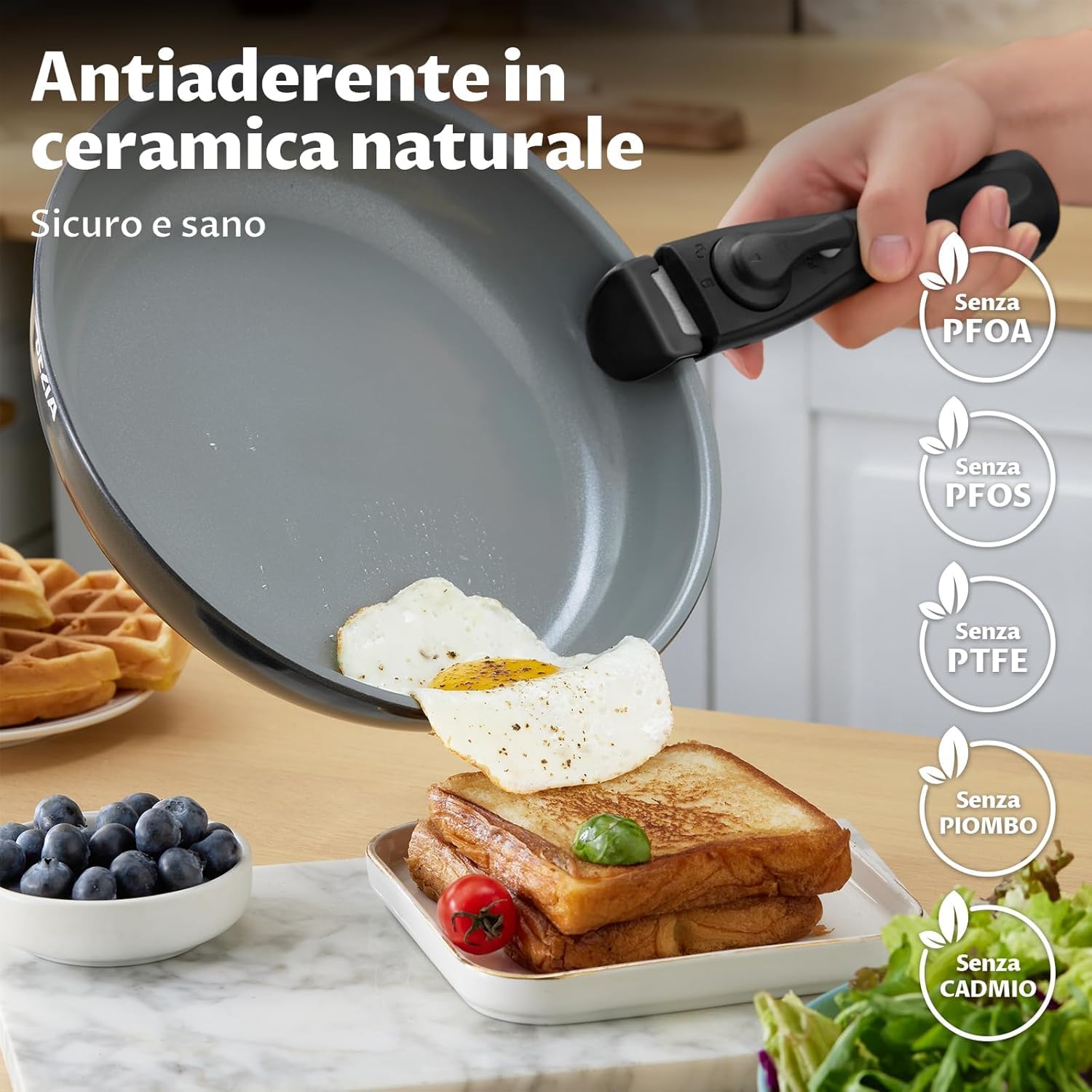 BEZIA Set pentole antiaderenti induzione con sano rivestimento in ceramica | Set pentole e padelle da 10 pezzi con manici staccabili, set da cucina per camper a induzione con manici rimovibili