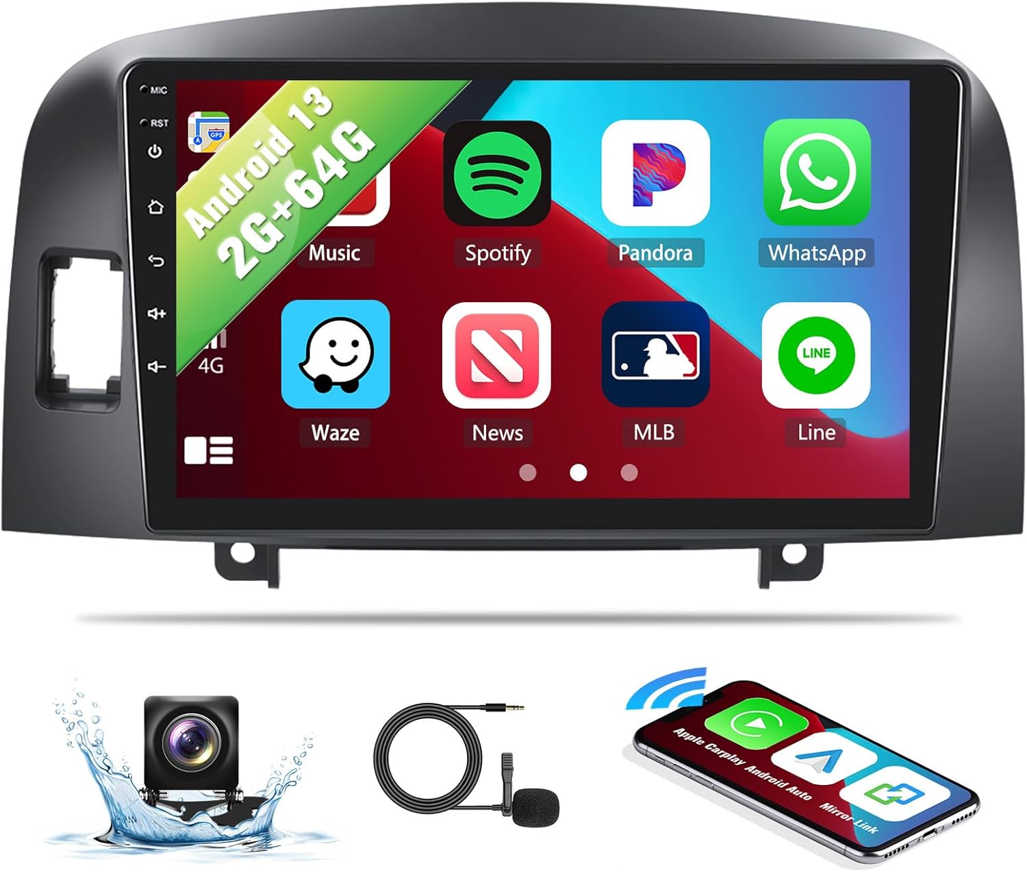 SIXWIN 2G+64G Android Car Stereo for Hyundai Sonata NF 2004-2008 with Wireless Apple CarPlay Android Auto Mirror Link 9 Inch Touchscreen Bluetooth GPS Navigation WiFi HiFi FM Backup Camera MIC