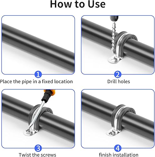 Miniatura 4 de Correa de tubo rígida reforzada de 2 pulgadas, 20 piezas de 2 agujeros con soporte en U, abrazadera aislada acolchada de goma, abrazaderas de correa