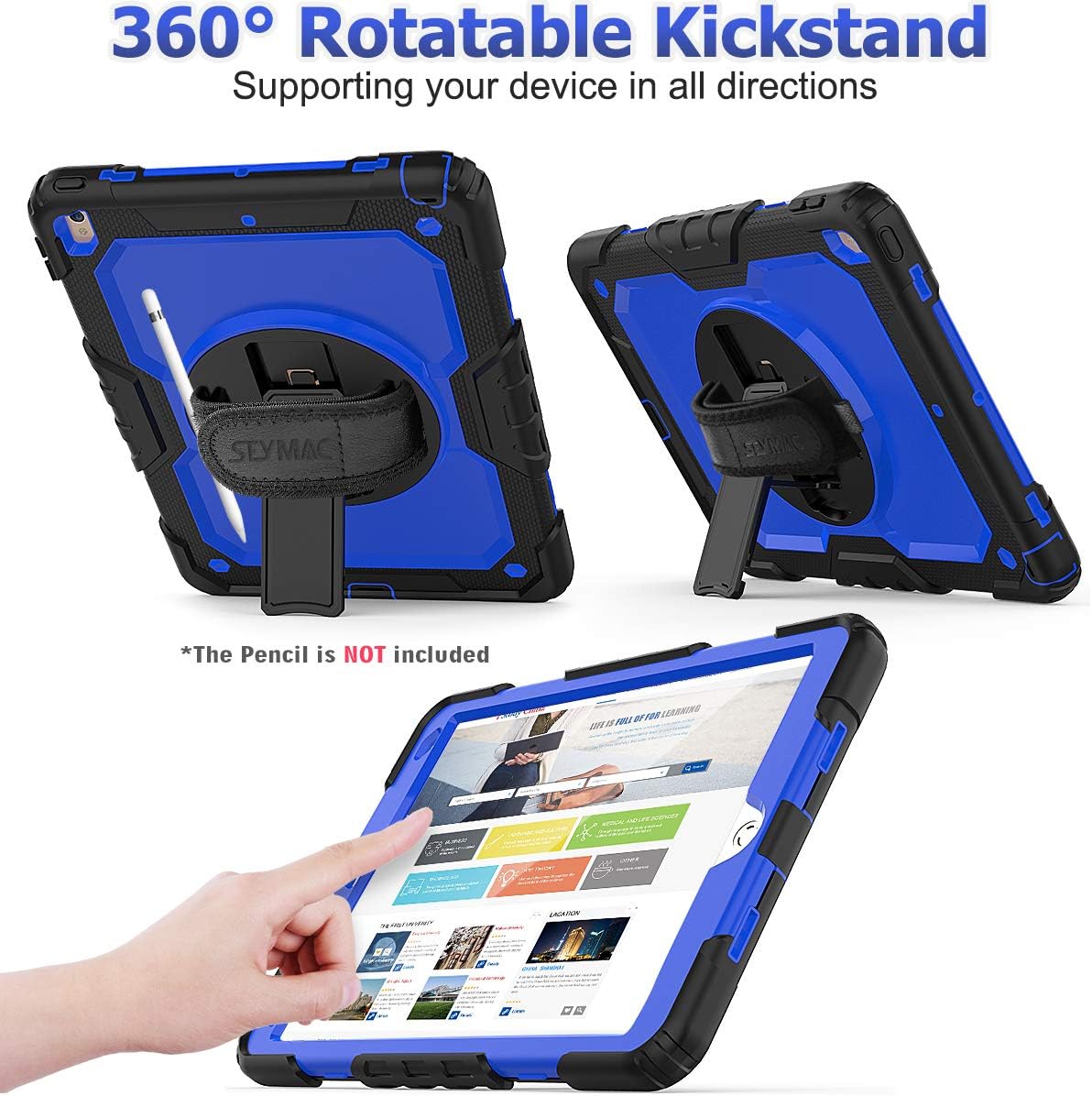 Super Big Clearance! SEYMAC stock iPad Air 3rd Generation Case 2019, Drop-Proof [Full-Body] Case with 360Degrees Rotating Stand [Pencil Holder] [Screen Protector] Hand Strap for iPad Air 3 2019/ Pro 10.5 2017(Blue+Black)