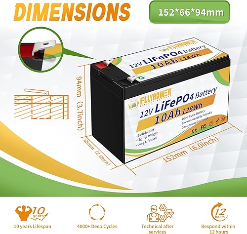 Miniatura 2 de FLLEEYPOWER Batería de litio LiFePO4 de 12.8 V 10 Ah, ciclo profundo recargable, BMS de 10 A, aplicada para sistema de alarma, UPS de respaldo,