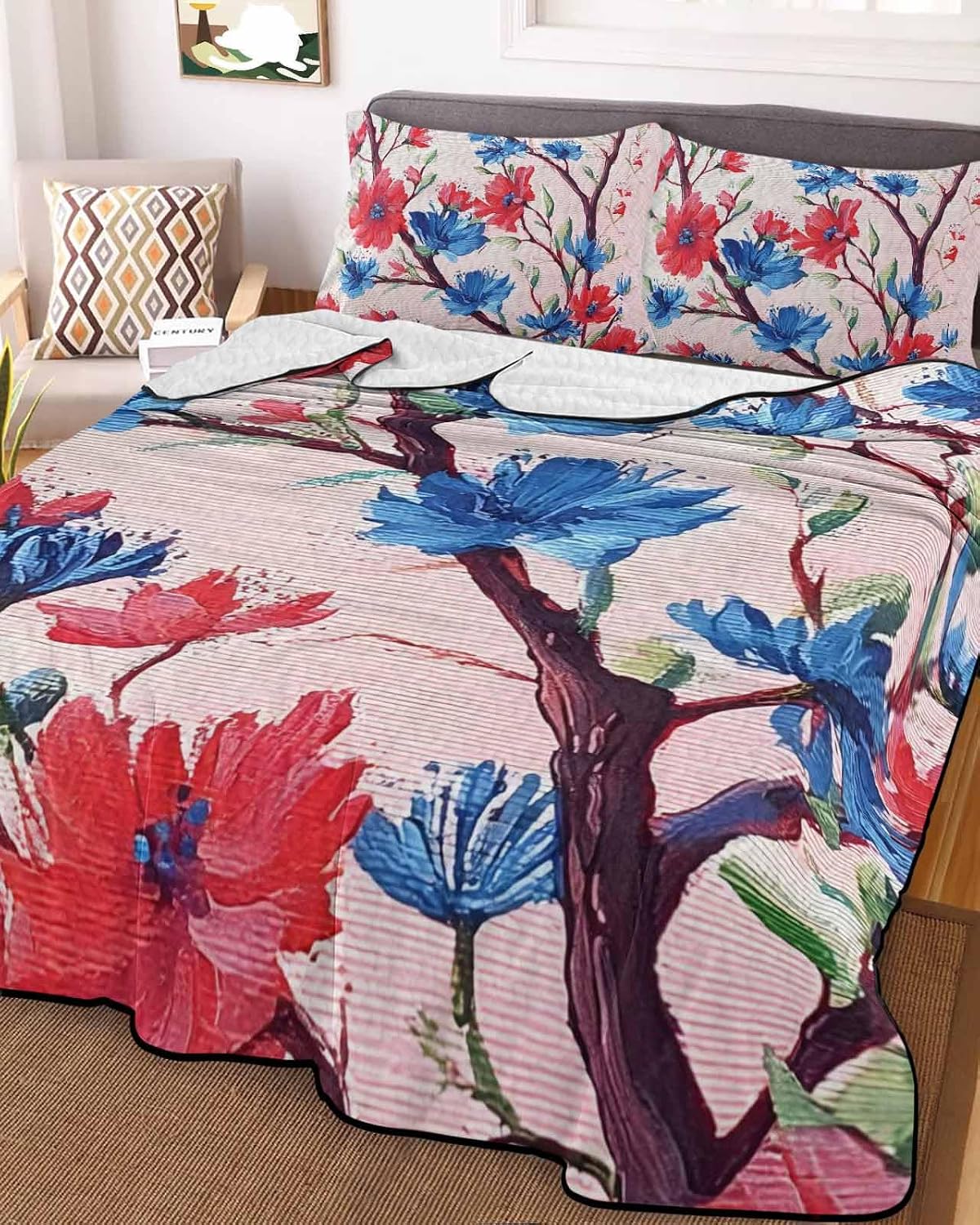 King Size Quilt Set, American Blue Red Flower Lightweight Bedspread Coverlet Set Soft Microfiber Summer Quilt with 2 Pillow Shams, 4th of July Rustic Floral Theme 3 Piece Comforter Bedding Set